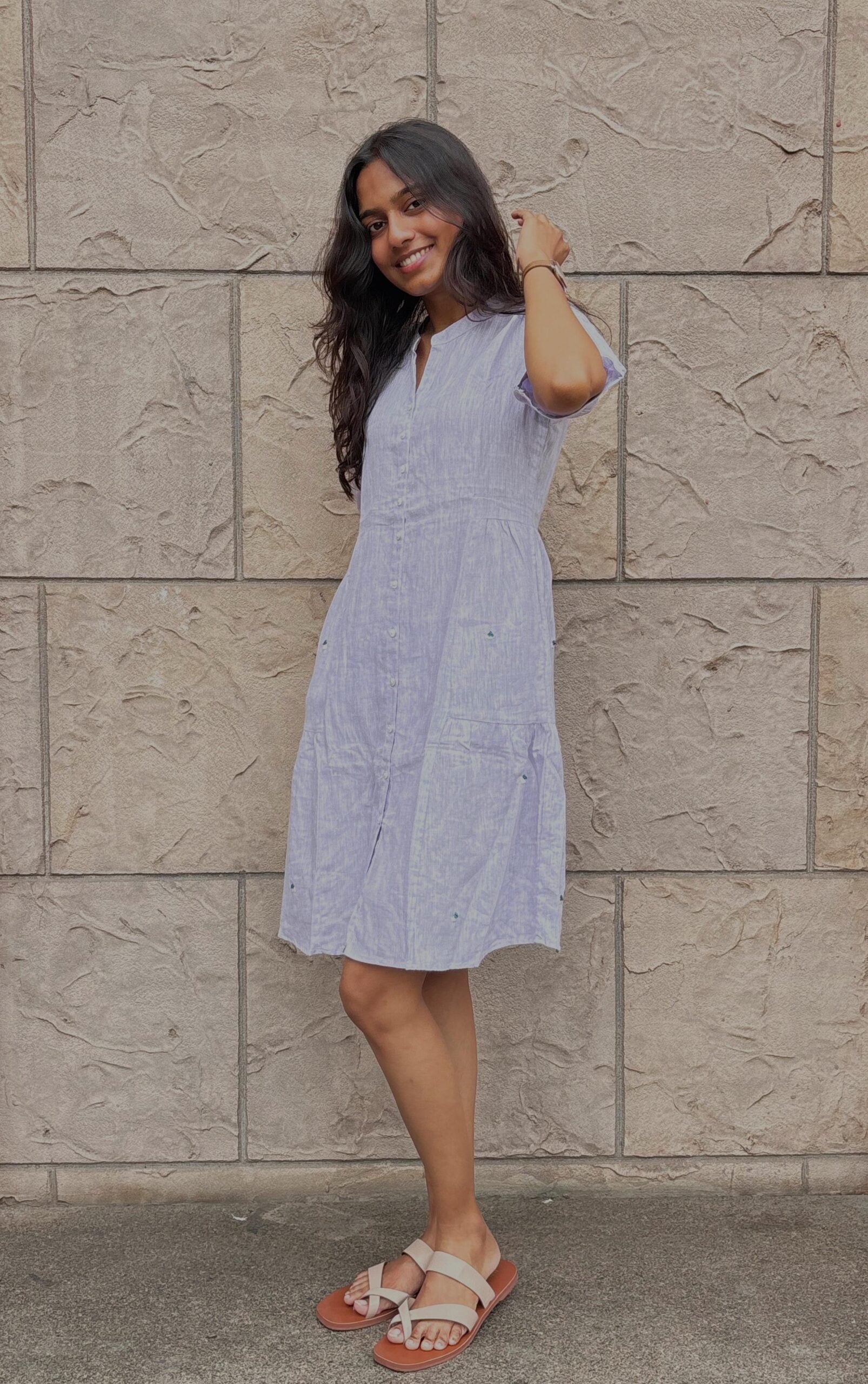 Linen Short Side Gather Dress - Light Purple