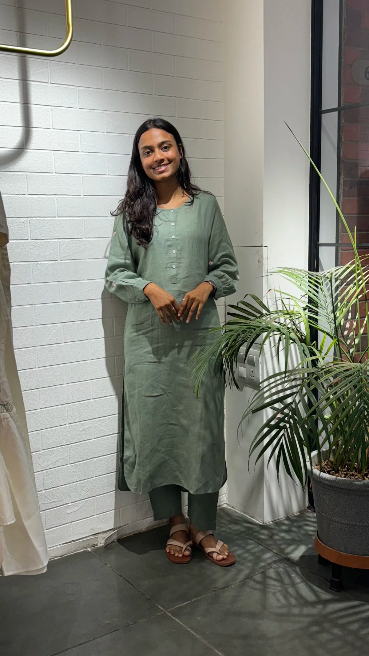 Janice Linen Half Placket kurta - Sage Green