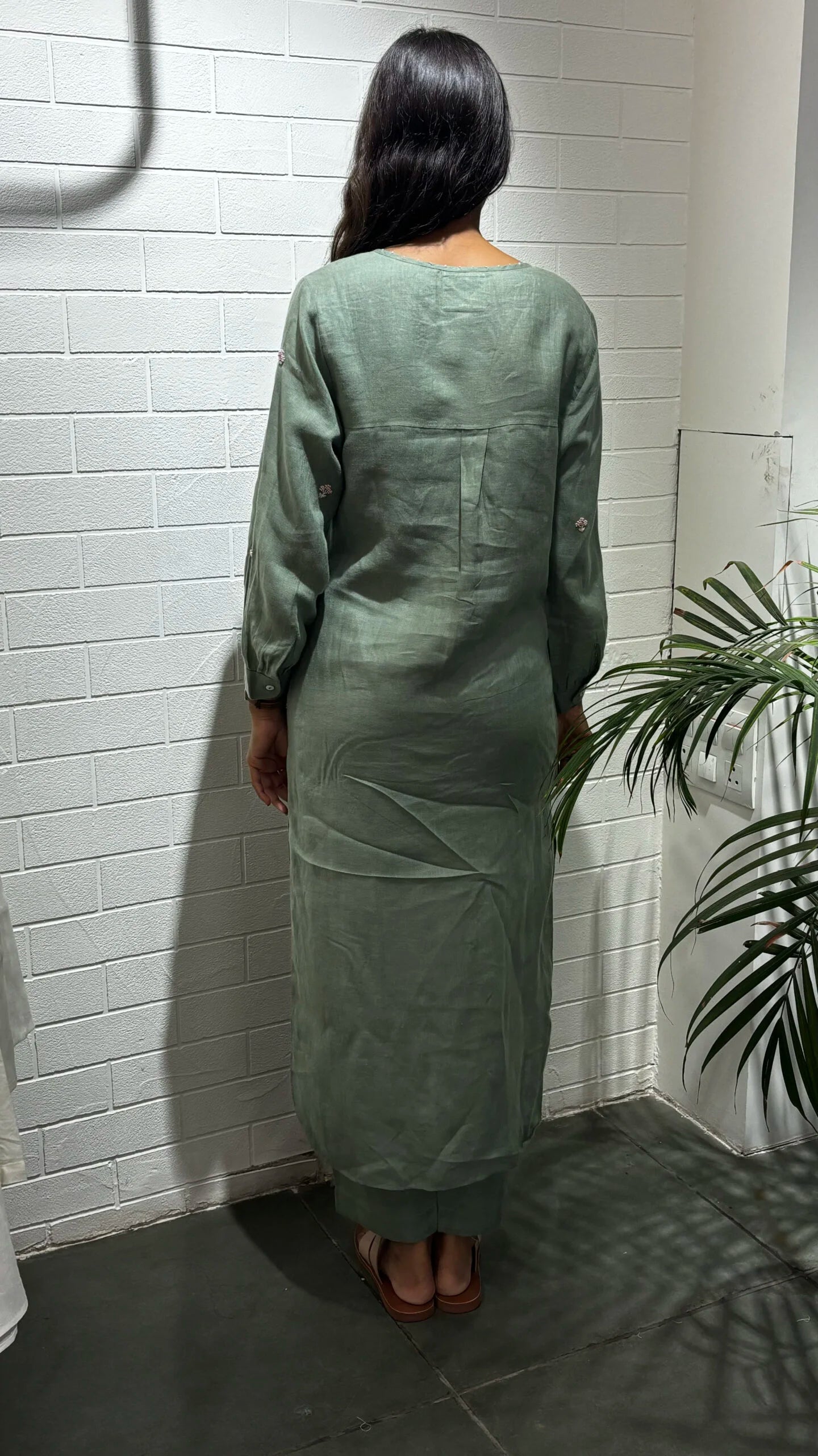 Janice Linen Half Placket kurta - Sage Green