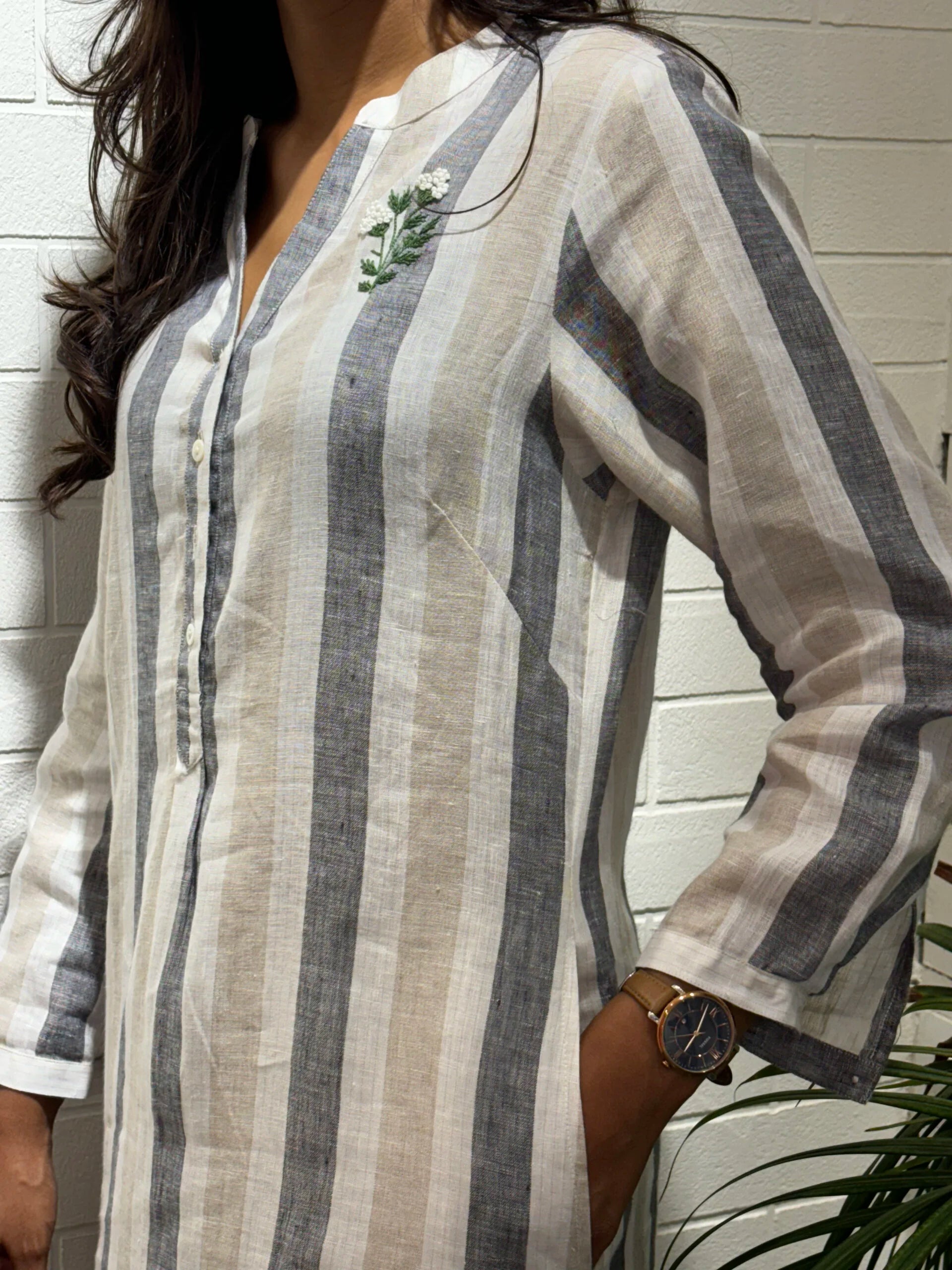 Linen Striped straight Kurta - White and Grey