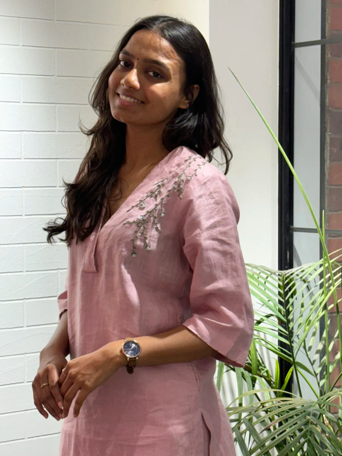 Linen V Neck Kurta - Mauve Pink