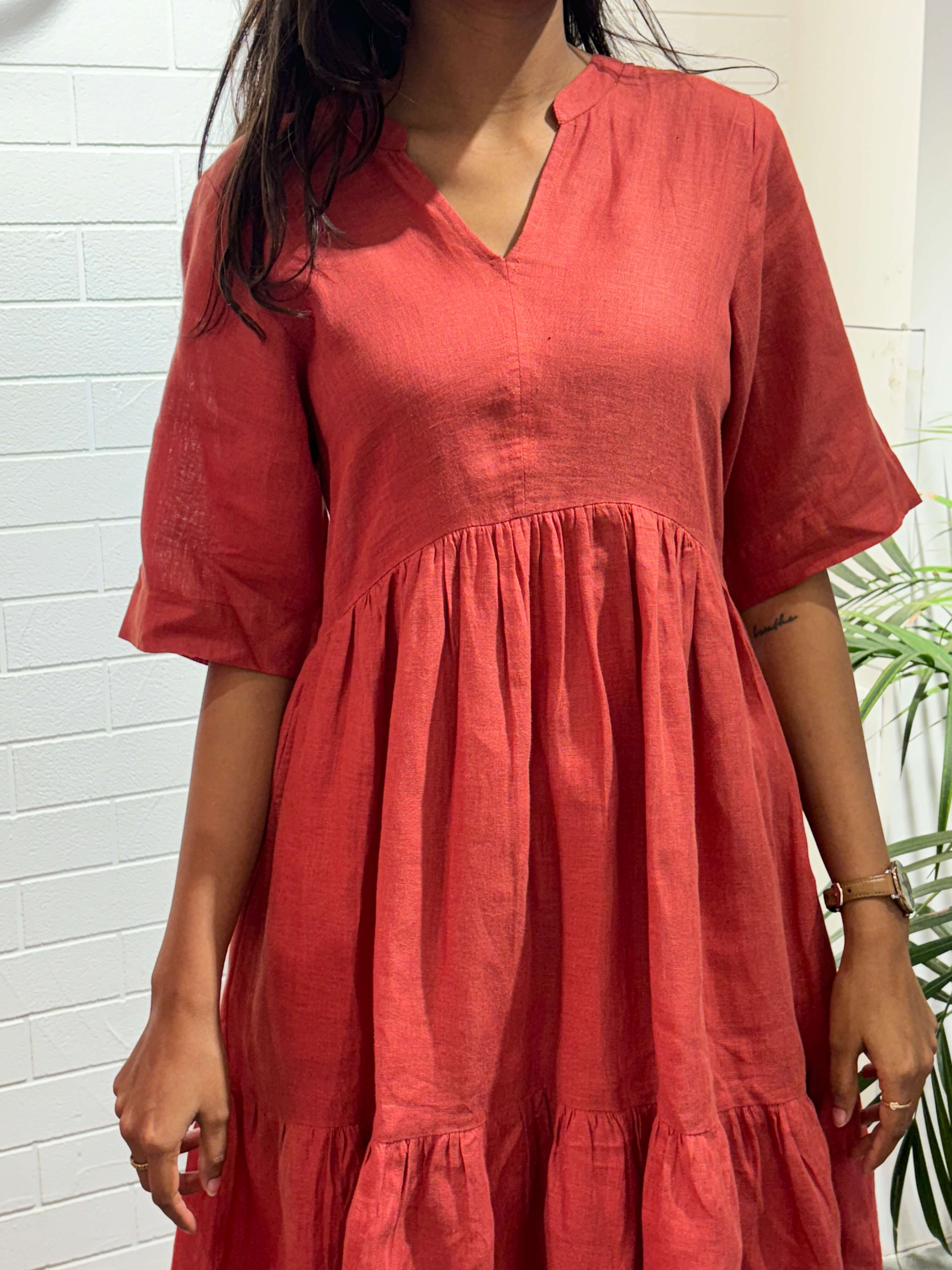 Linen Flamingo Dress - Carrot Red