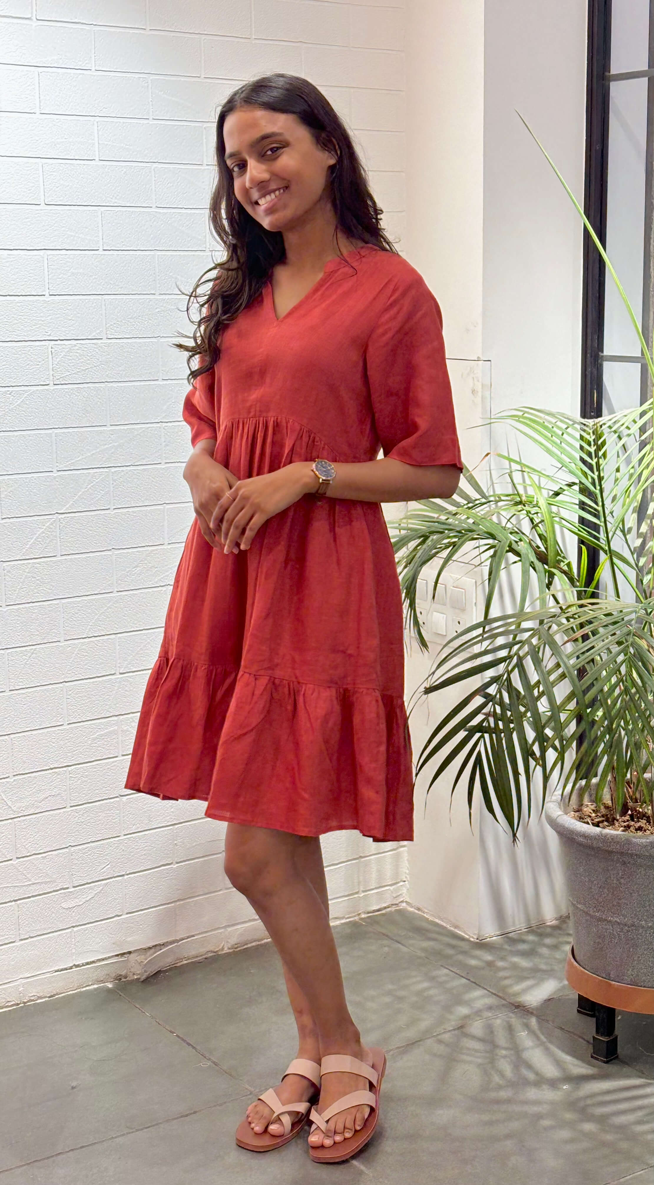 Linen Flamingo Dress - Carrot Red