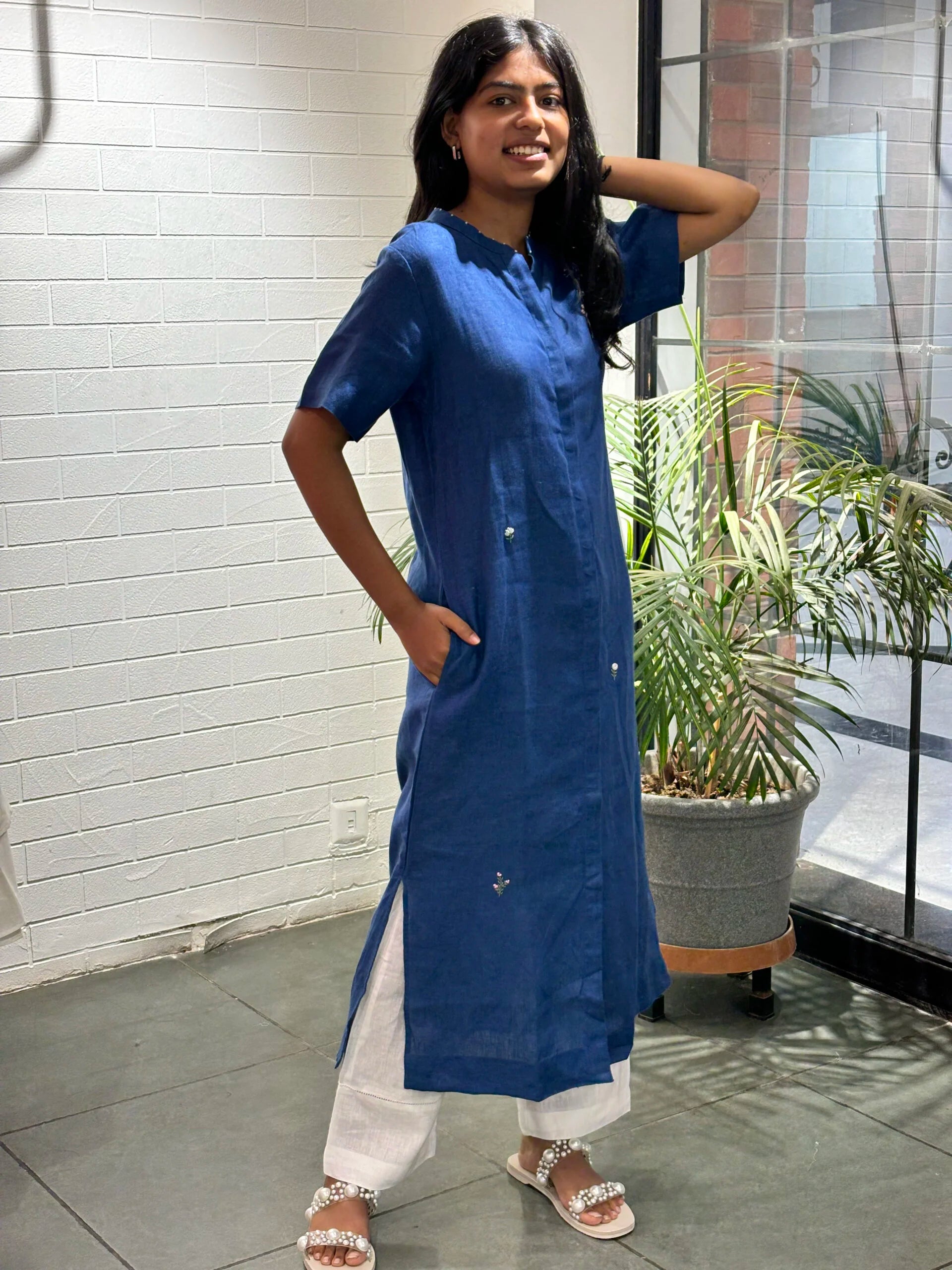 Linen Basic Kurta - Electric Blue