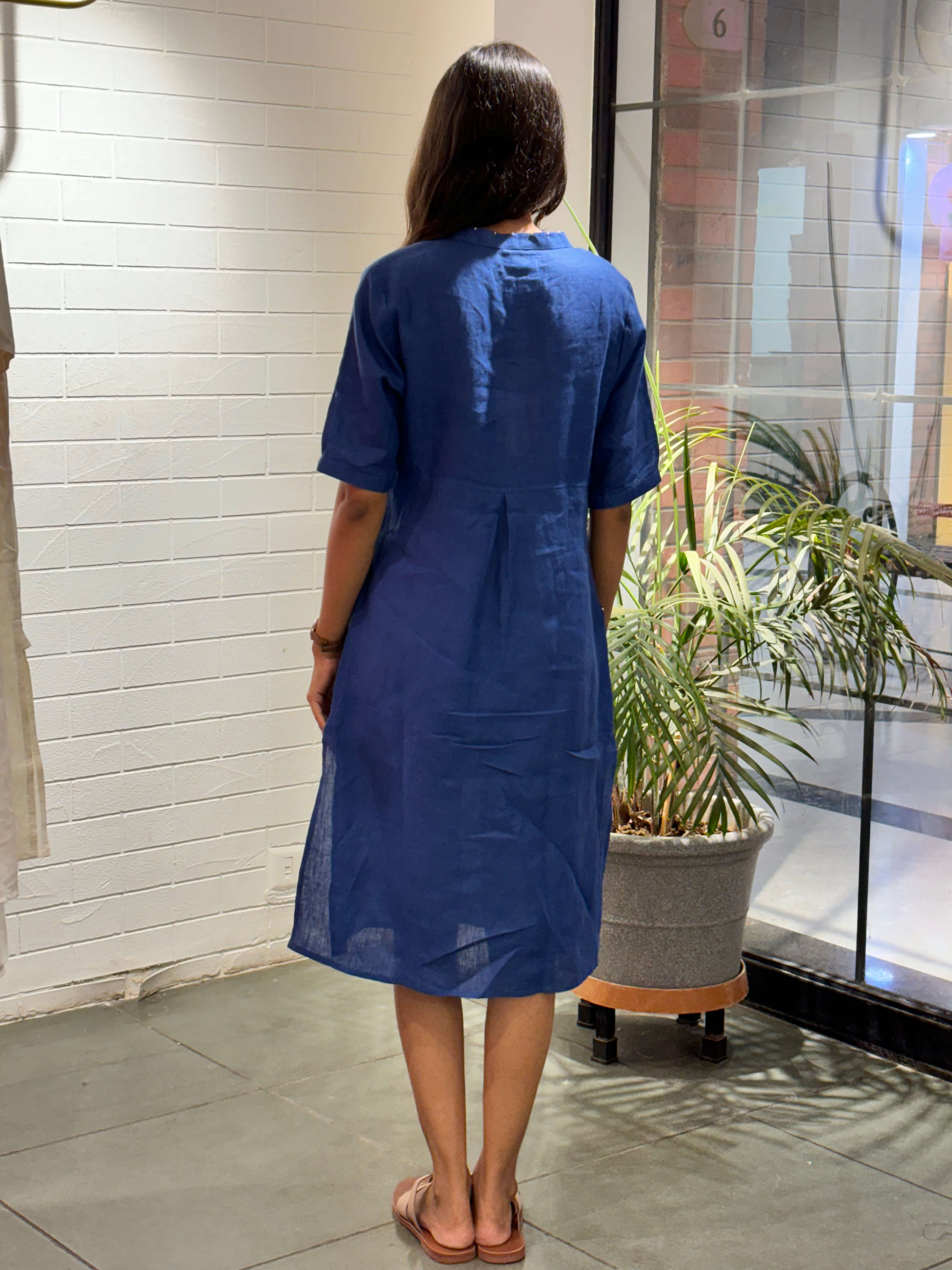 Linen Electric Blue Shift Dress- Blue