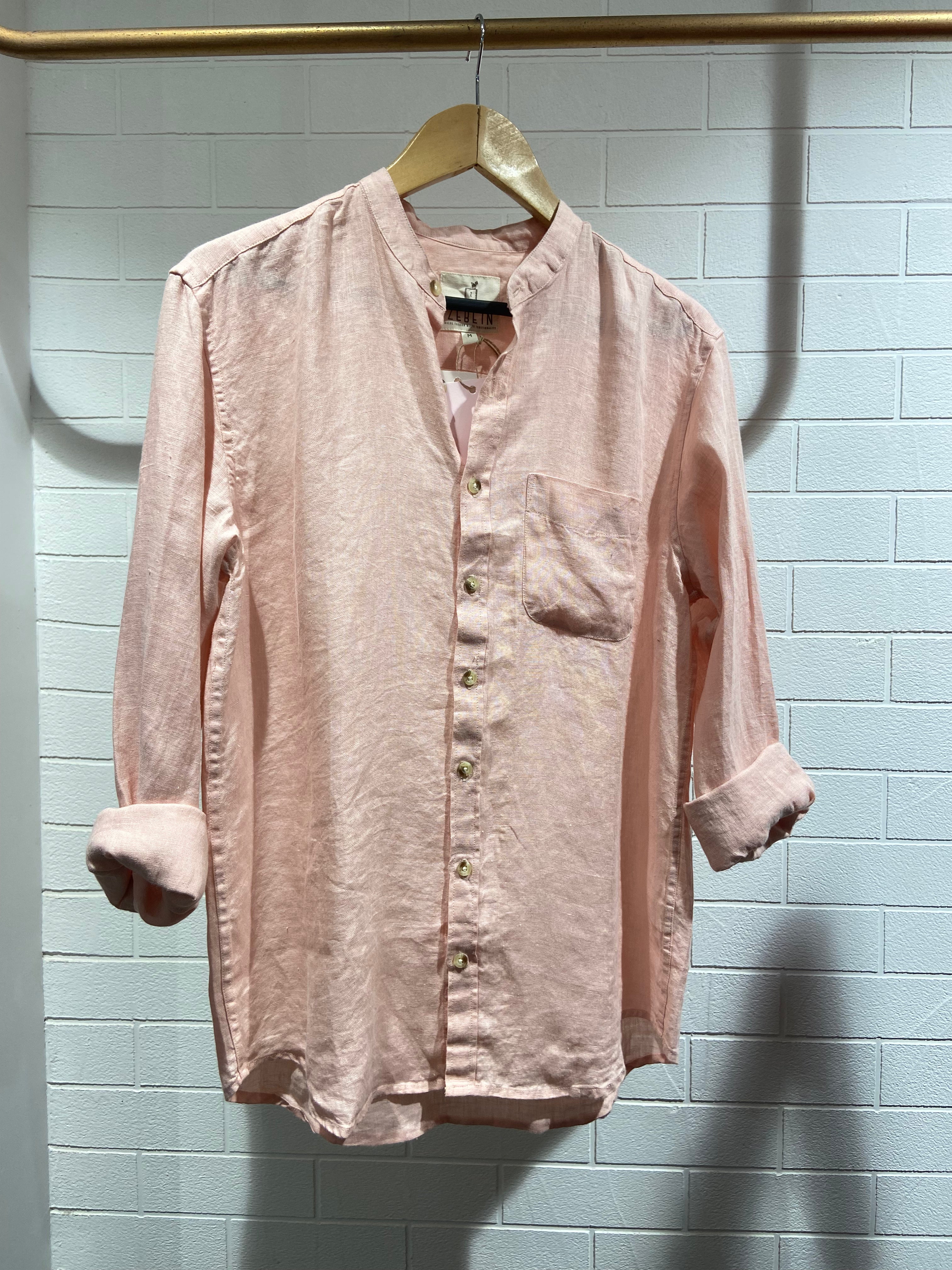 Linen Men Mandarin Collar Shirt - Light Pink