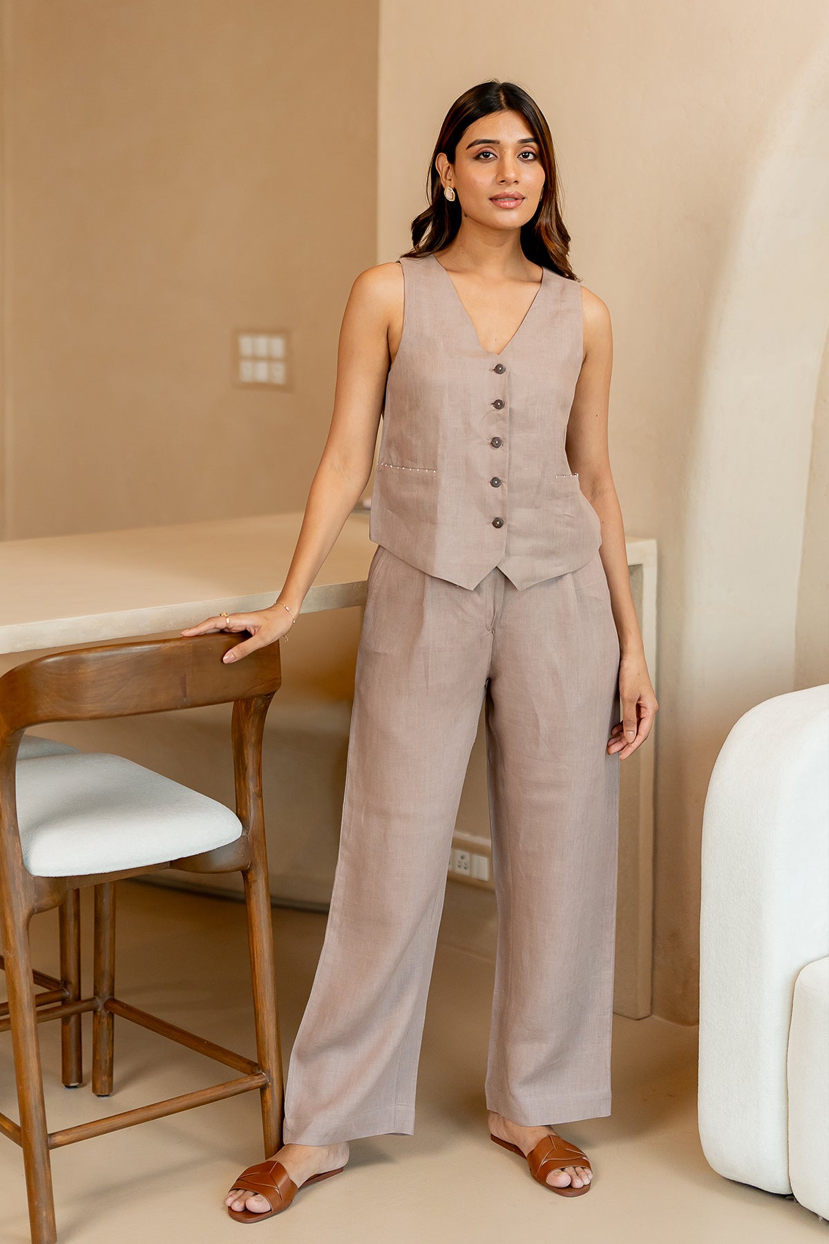 Ivan Linen Zipper Pants- Mud