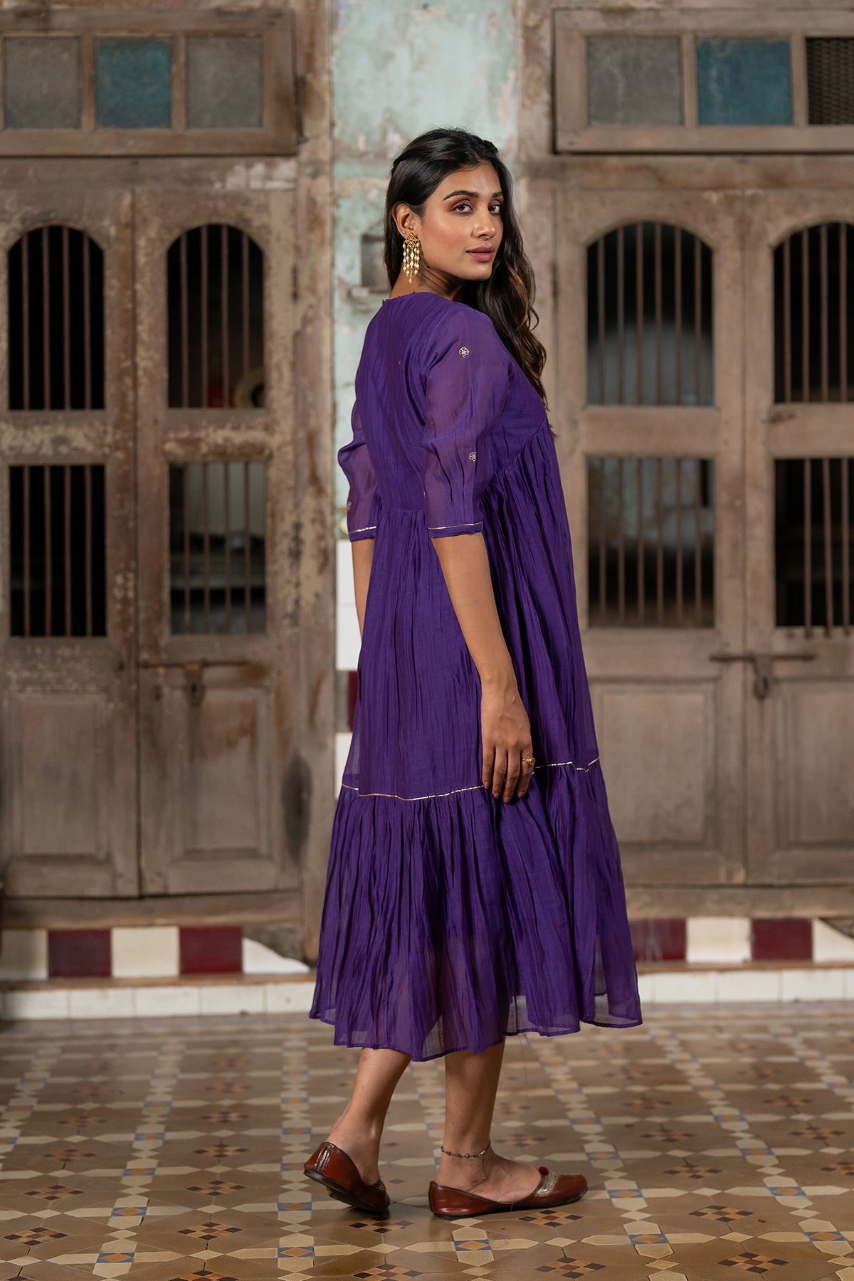 Jamuni Chanderi Silk Empire Gather Dress - Purple