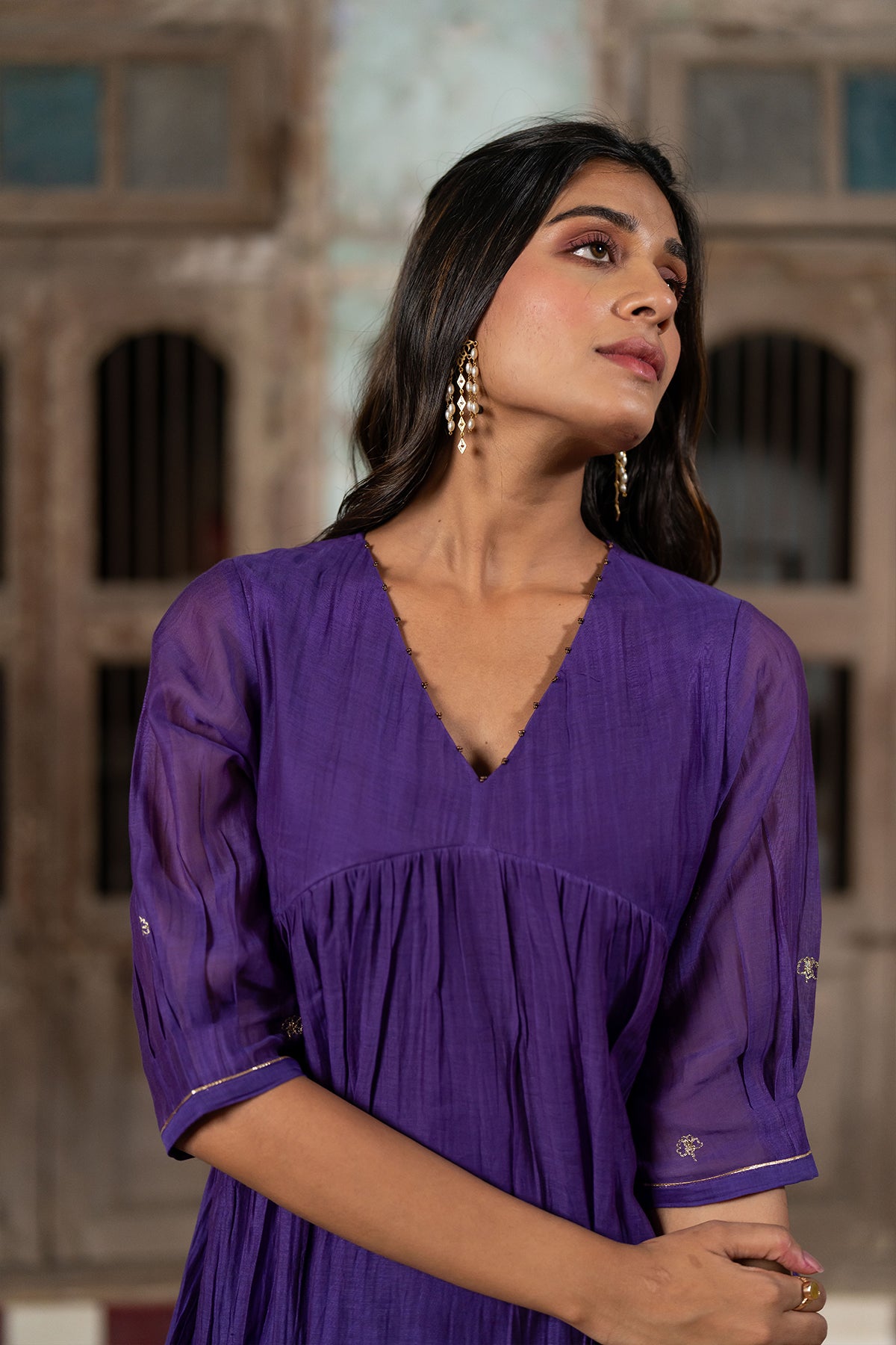 Jamuni Chanderi Silk Empire Gather Dress - Purple