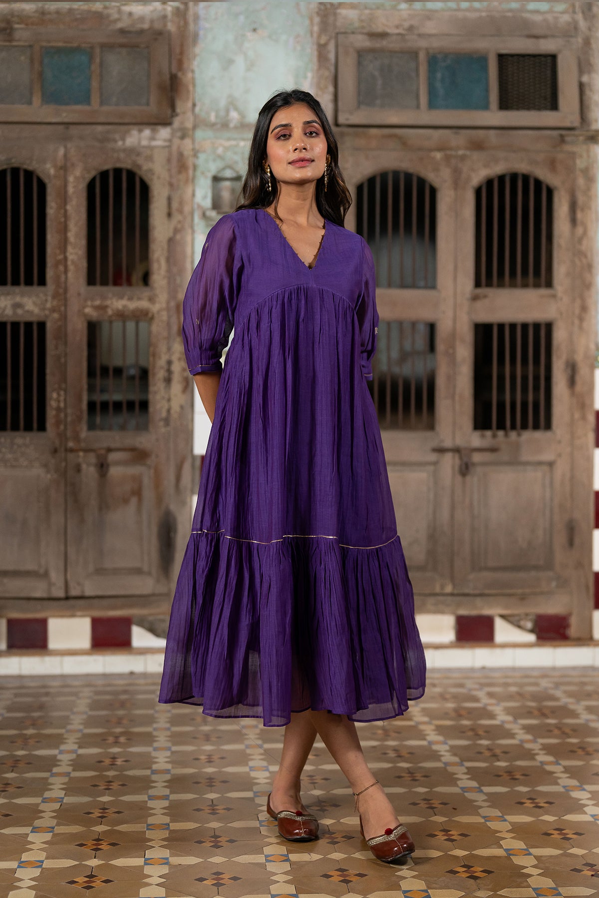 Jamuni Chanderi Silk Empire Gather Dress - Purple