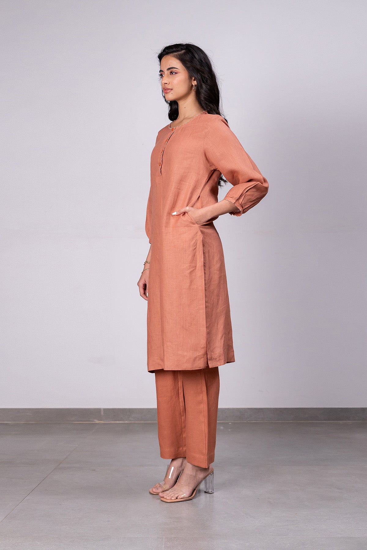 Janice Linen Half Placket Kurta- Pants Set With Pockets – Sand Brown