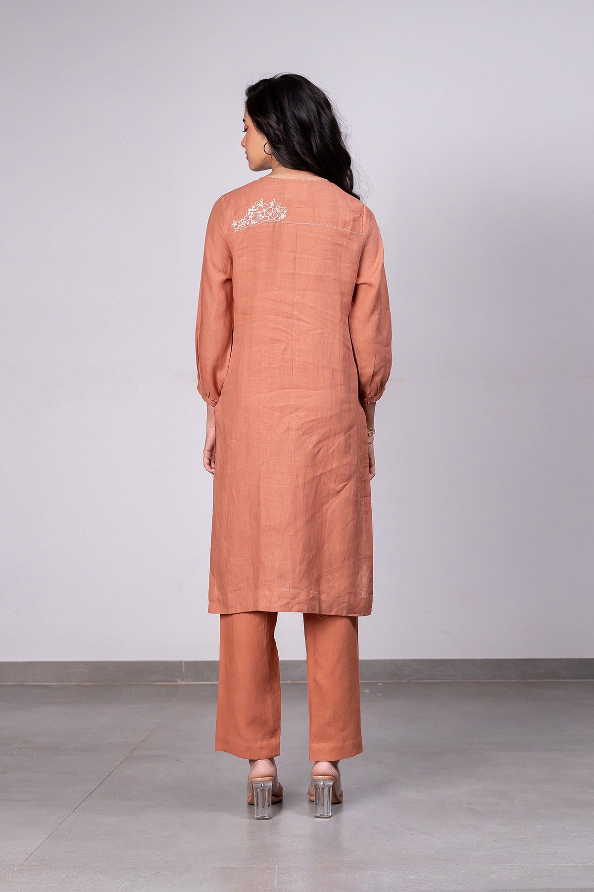 Janice Linen Half Placket Kurta- Pants Set With Pockets – Sand Brown