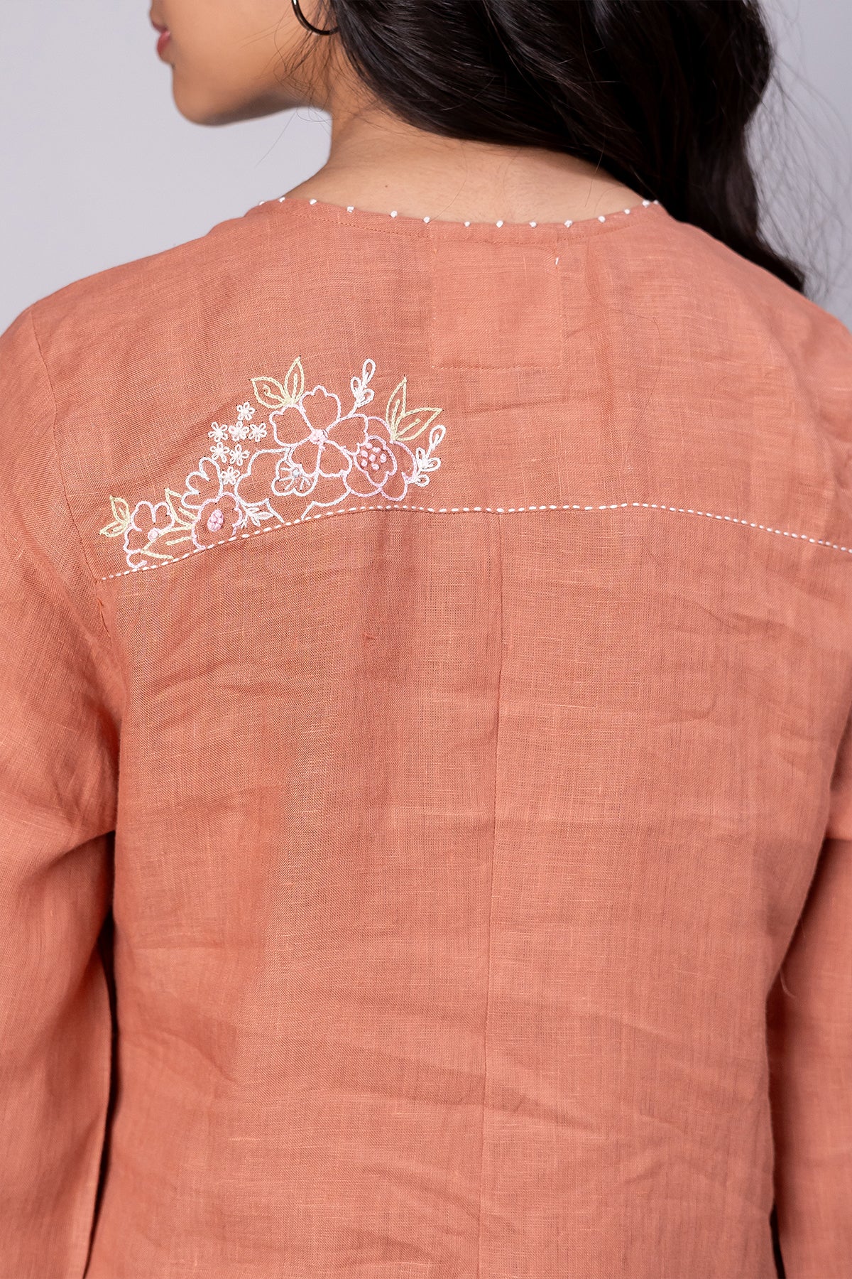 Janice Linen Half Placket Kurta- Pants Set With Pockets – Sand Brown