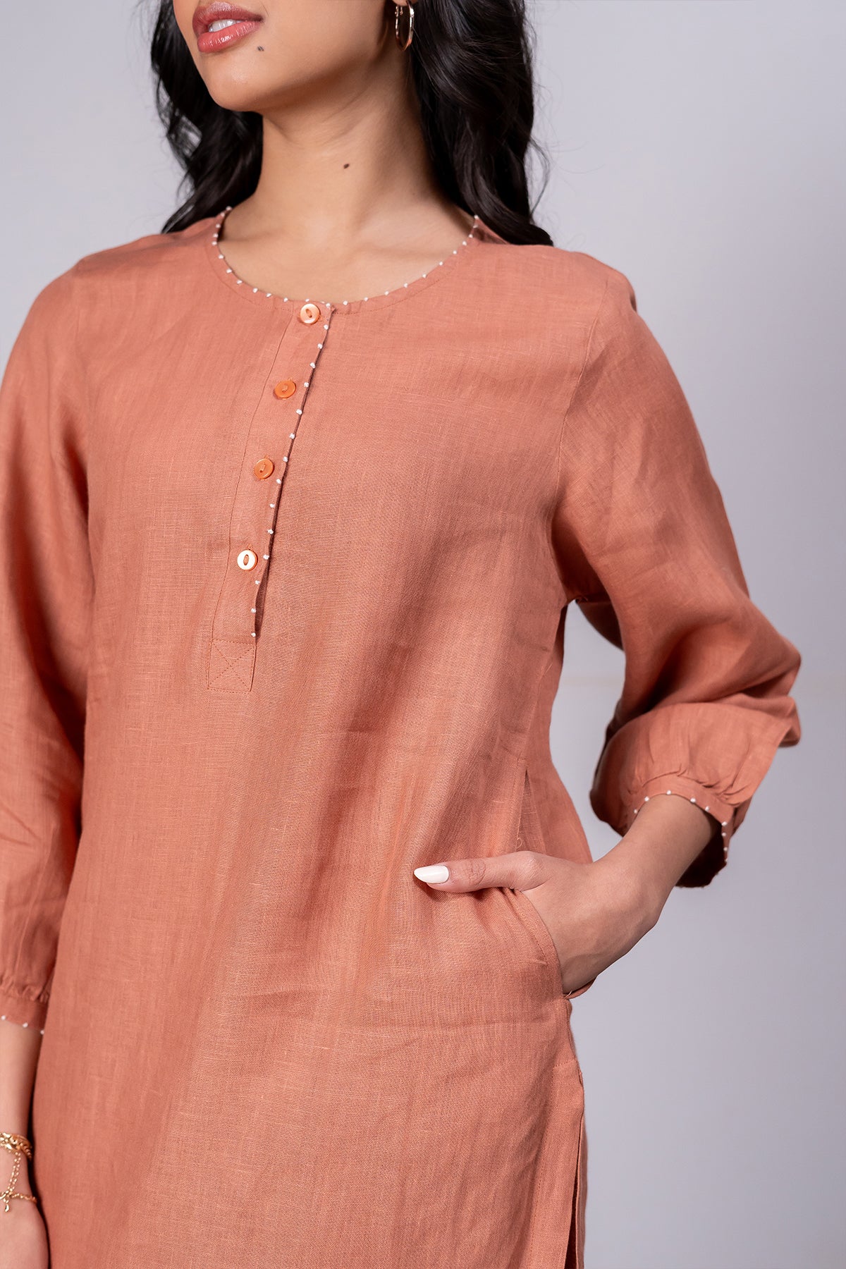Janice Linen Half Placket Kurta- Pants Set With Pockets – Sand Brown