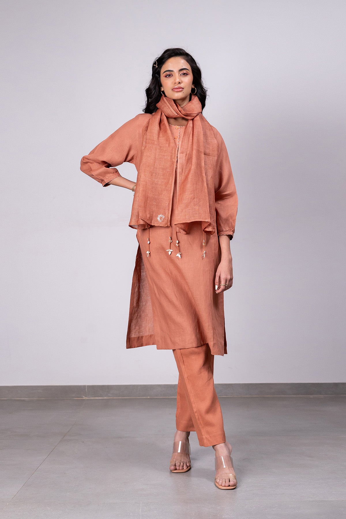 Janice Linen Half Placket Kurta- Pants Set With Pockets – Sand Brown