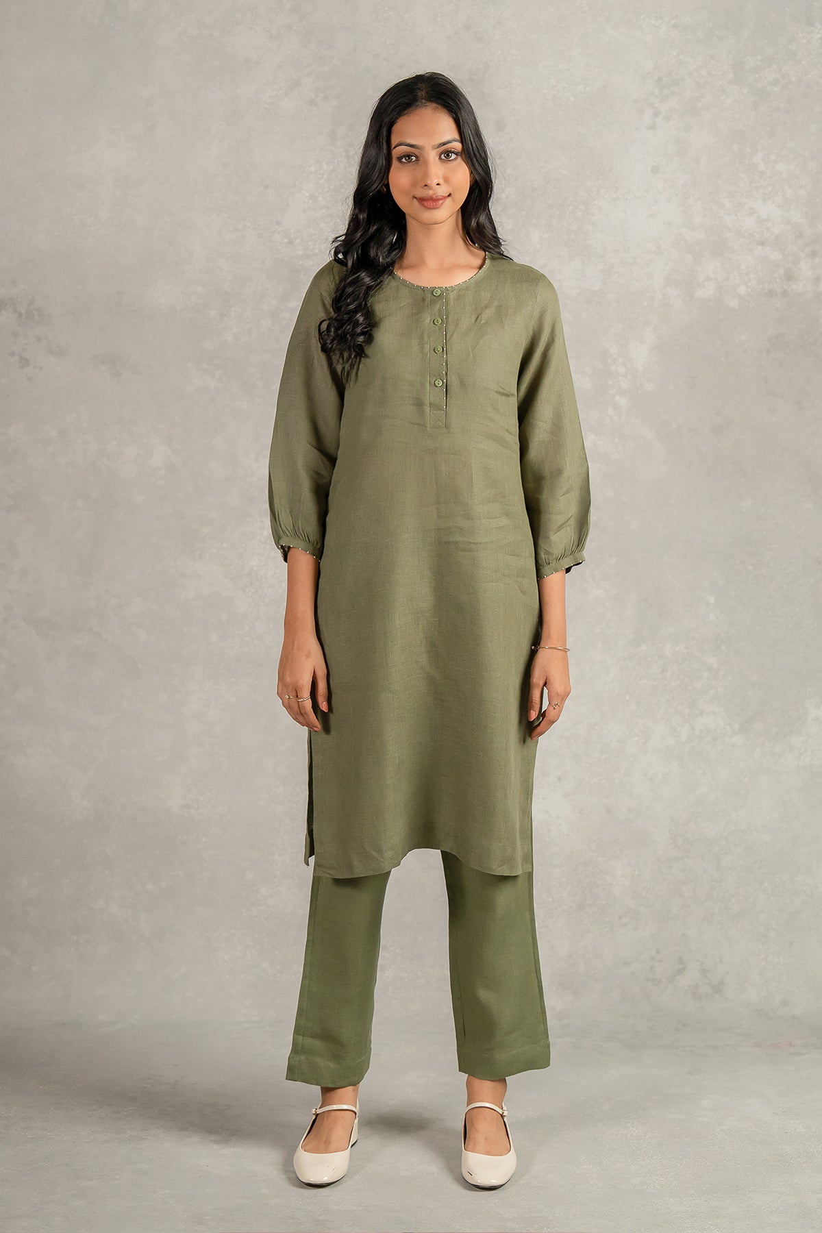 Janice Linen Half Placket Kurta - Pants set with pockets - Olive Green