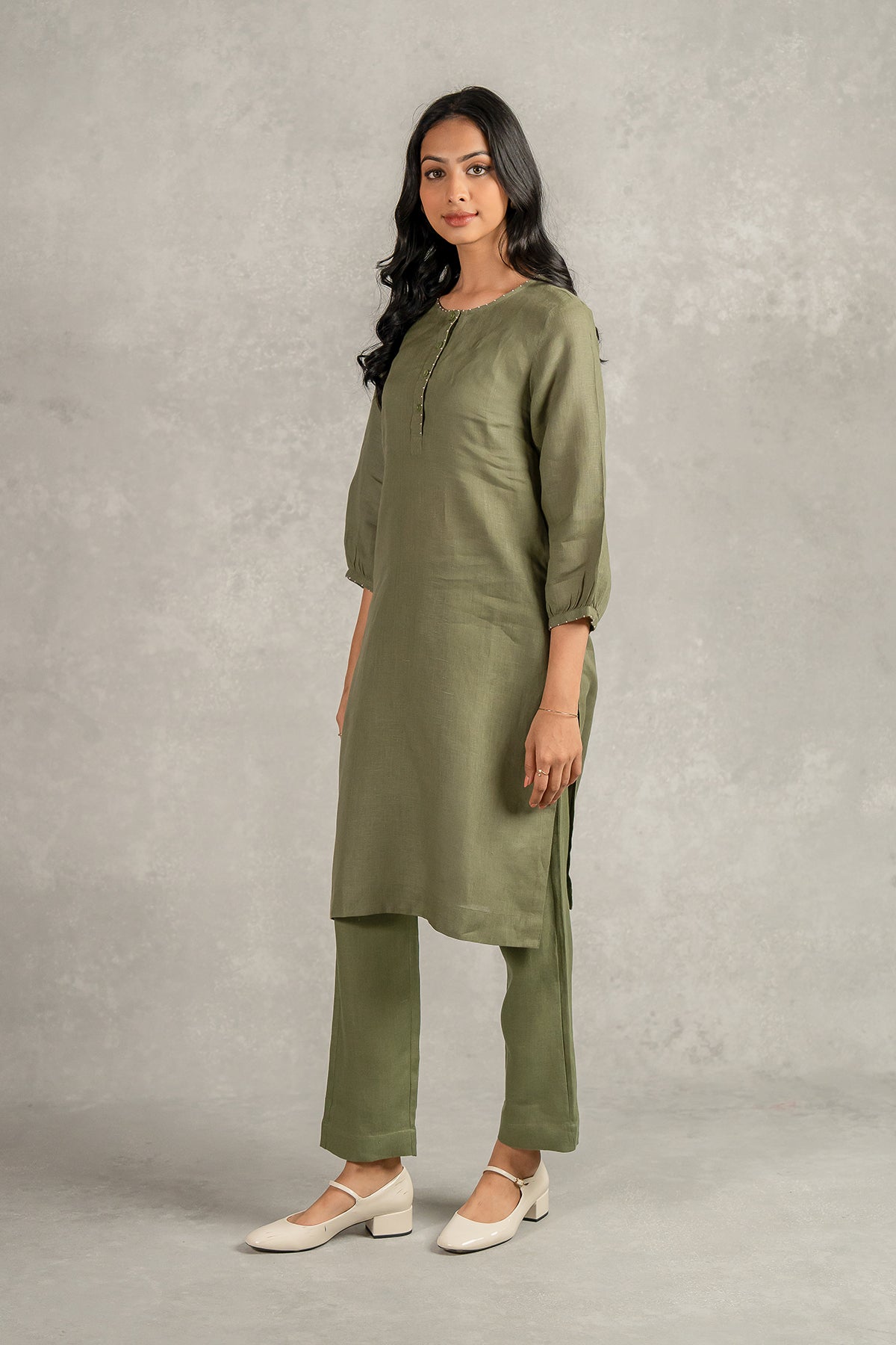 Janice Linen Half Placket Kurta - Pants set with pockets - Olive Green