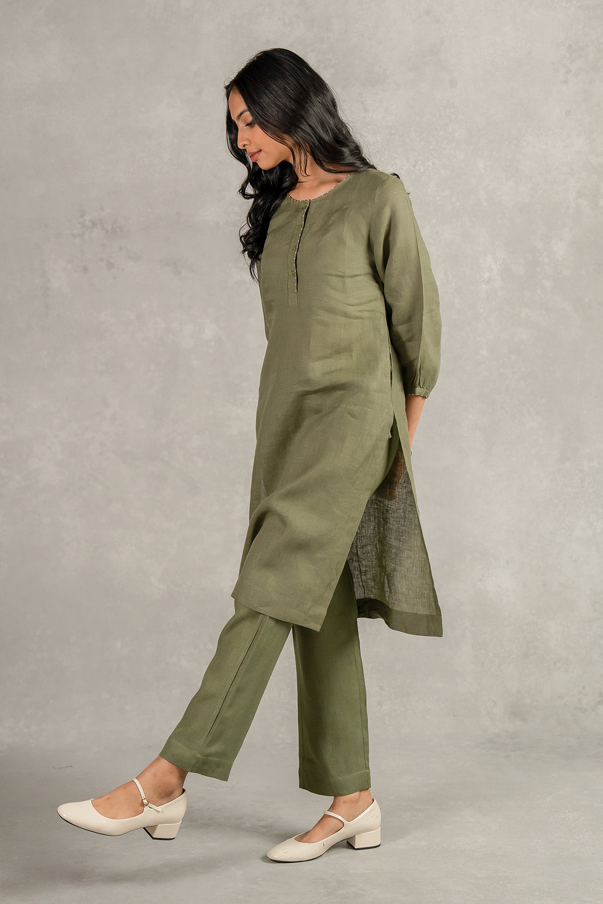 Janice Linen Half Placket Kurta - Pants set with pockets - Olive Green