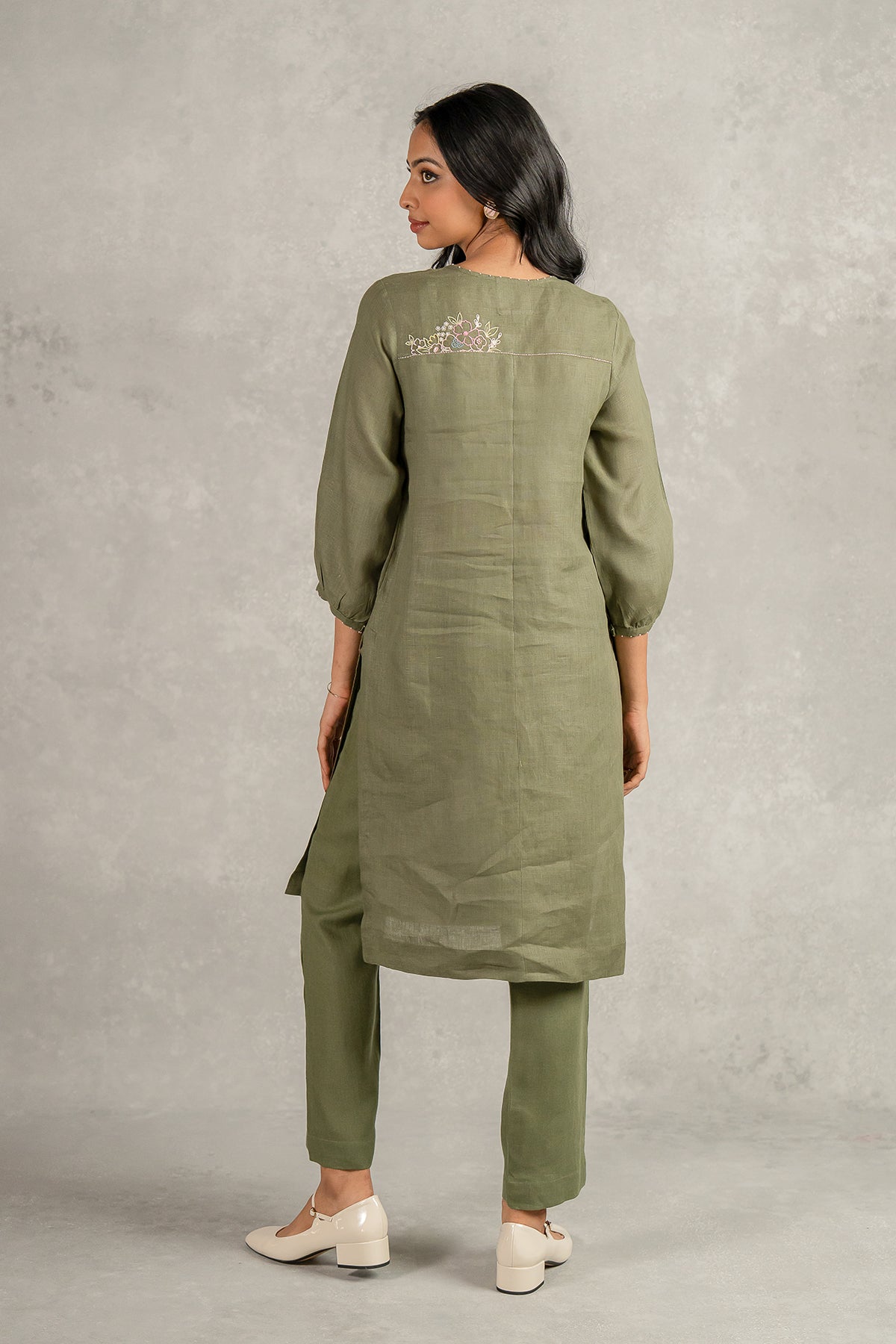 Janice Linen Half Placket Kurta - Pants set with pockets - Olive Green