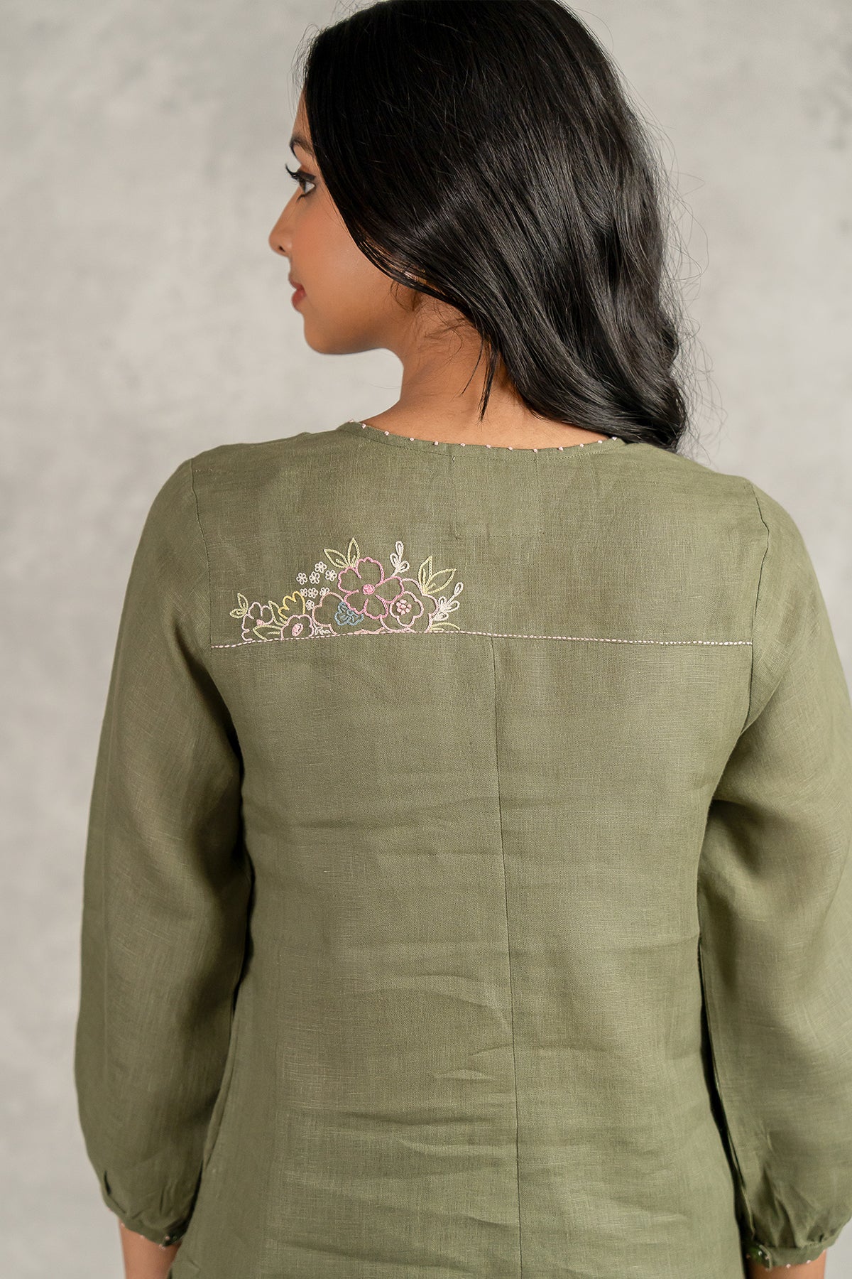 Janice Linen Half Placket Kurta - Pants set with pockets - Olive Green