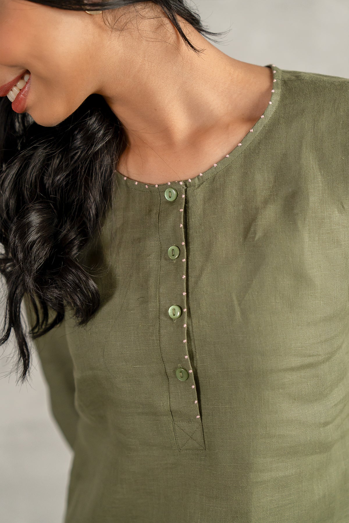 Janice Linen Half Placket Kurta - Pants set with pockets - Olive Green