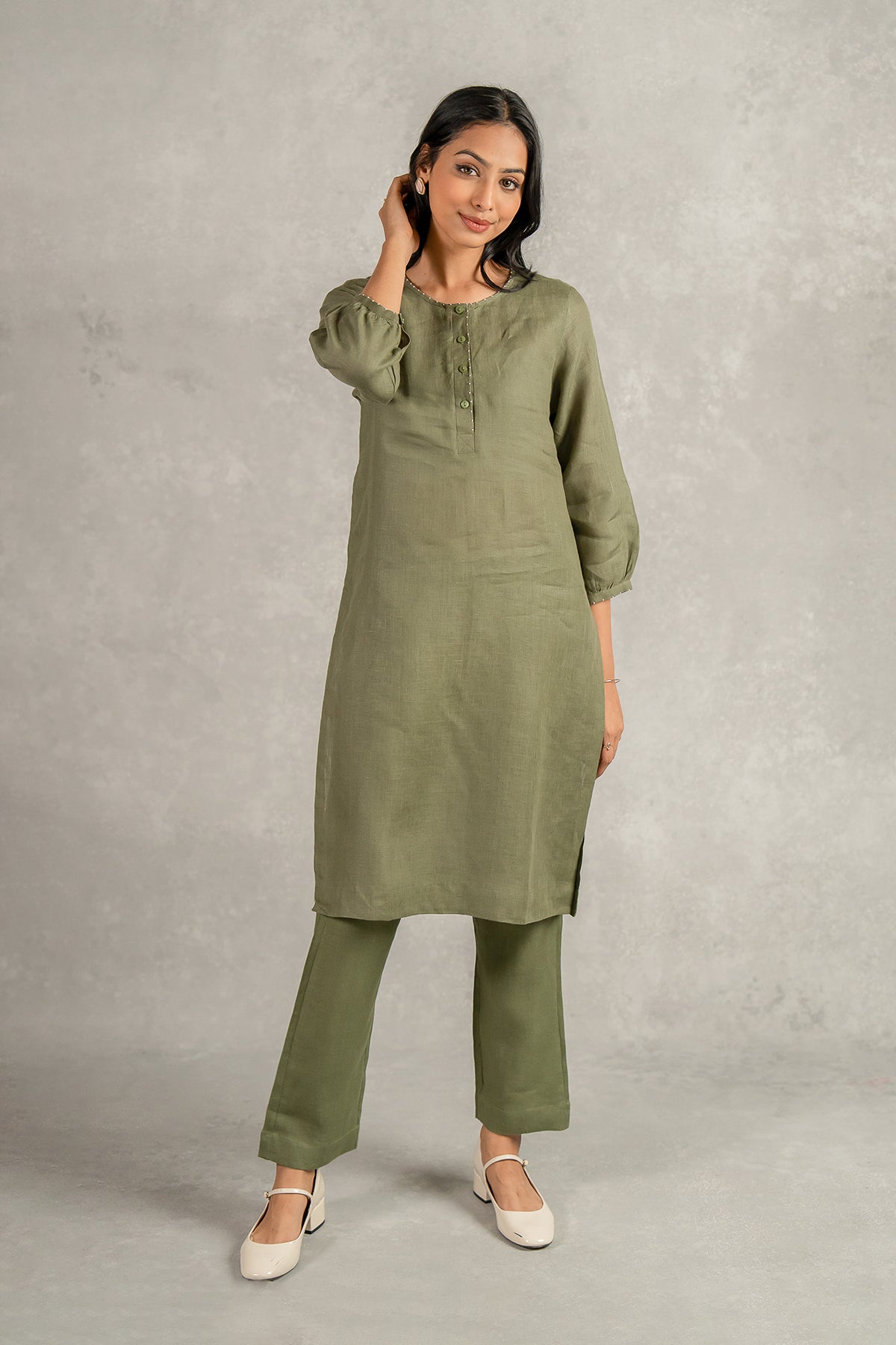 Janice Linen Half Placket Kurta - Pants set with pockets - Olive Green