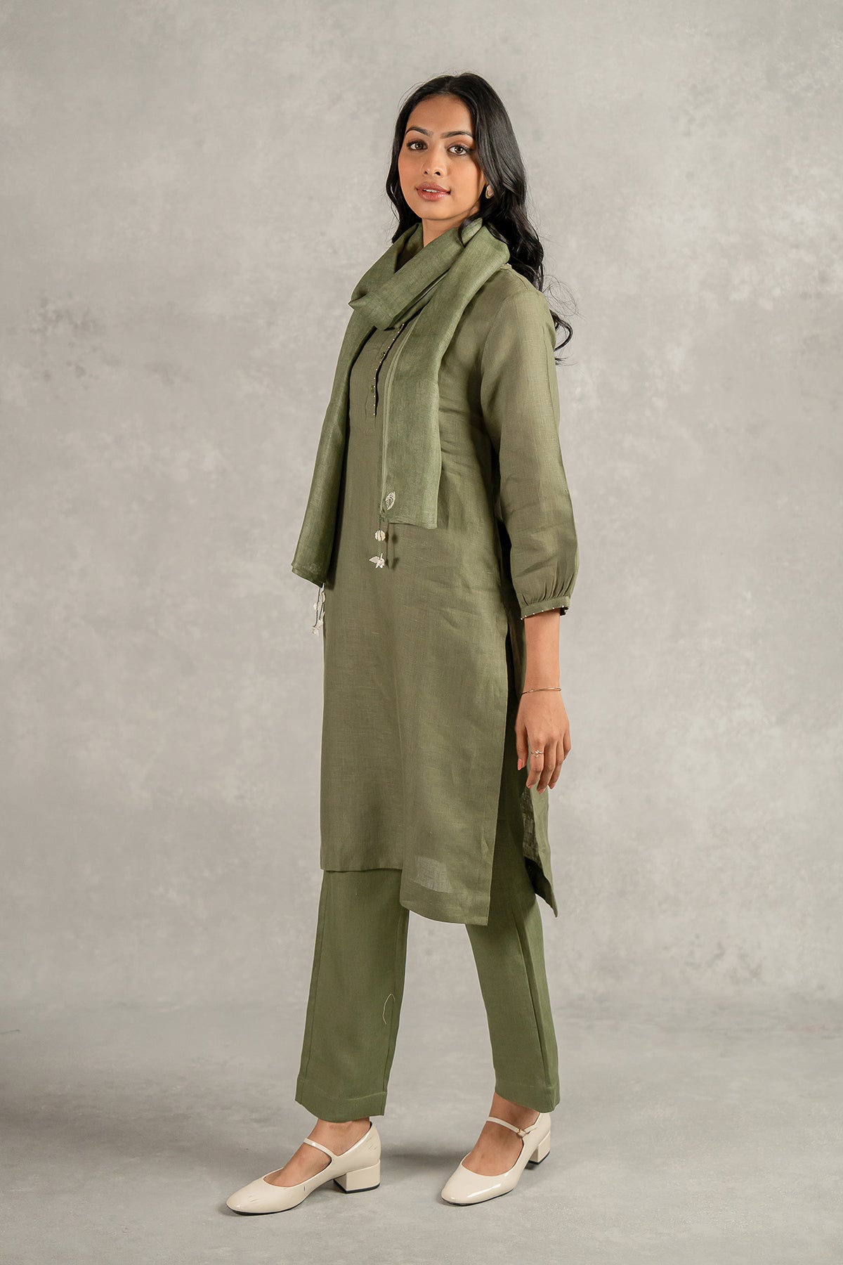 Janice Linen Half Placket Kurta - Pants set with pockets - Olive Green