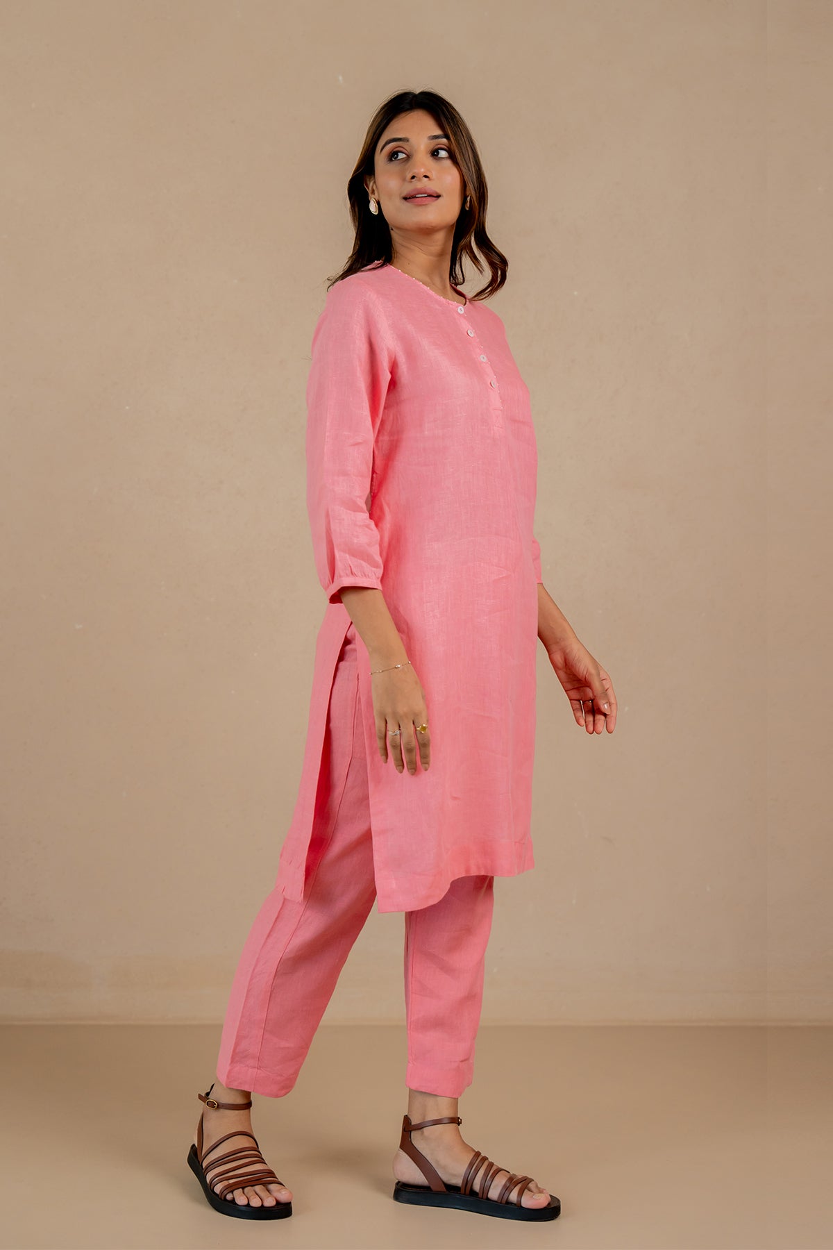 Janice-Linen-Half-Placket-Kurta-and-Pant-Set-With-Pockets-Flamingo-Pink-