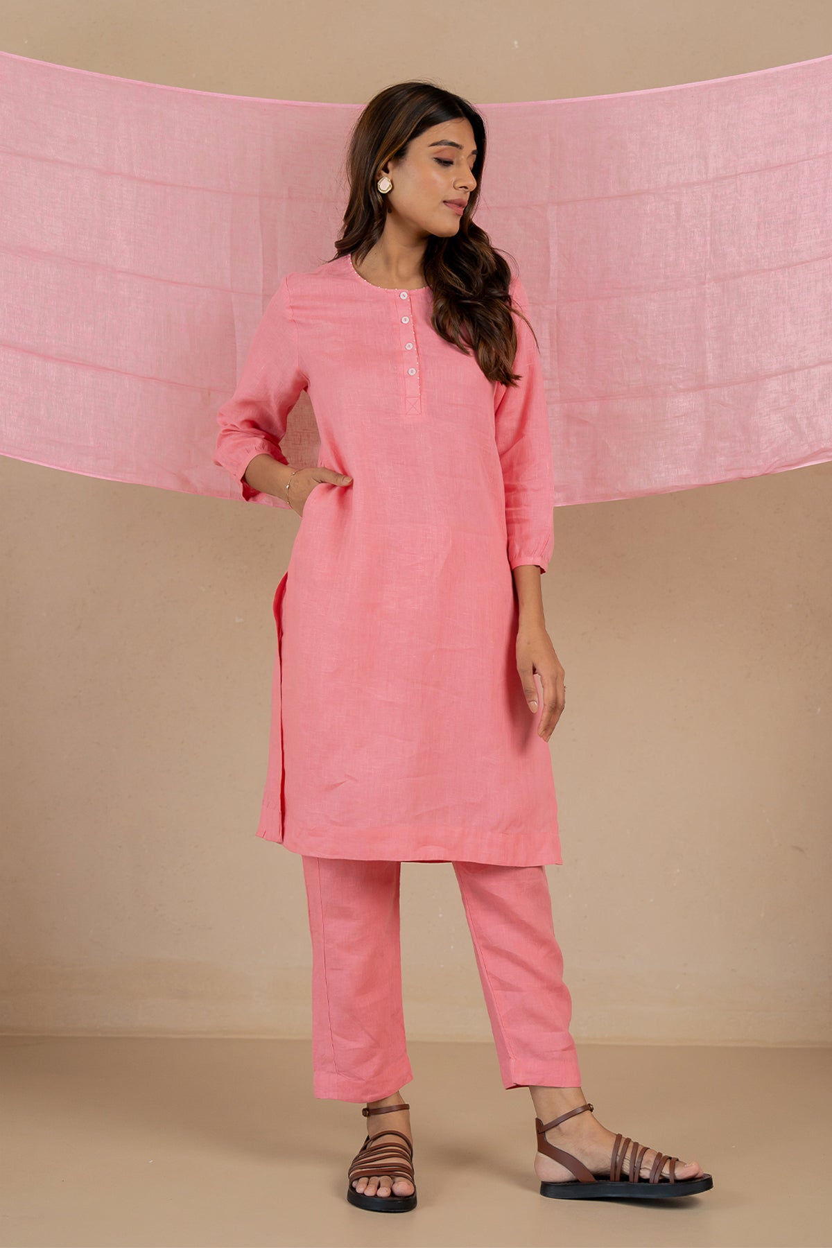 Janice Linen Half Placket Kurta and Pant Set With Pockets- Flamingo Pink