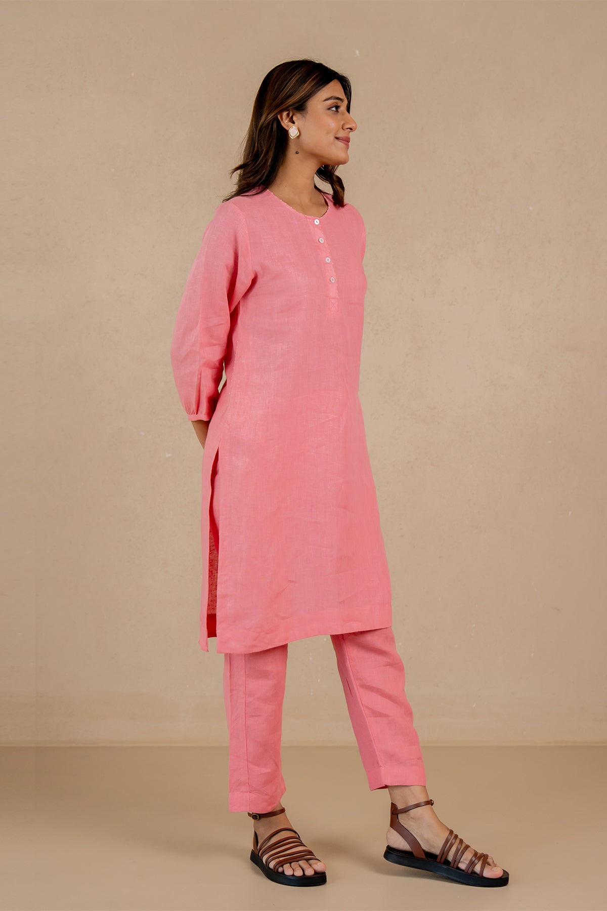 Janice-Linen-Half-Placket-Kurta-and-Pant-Set-With-Pockets-Flamingo-Pink-