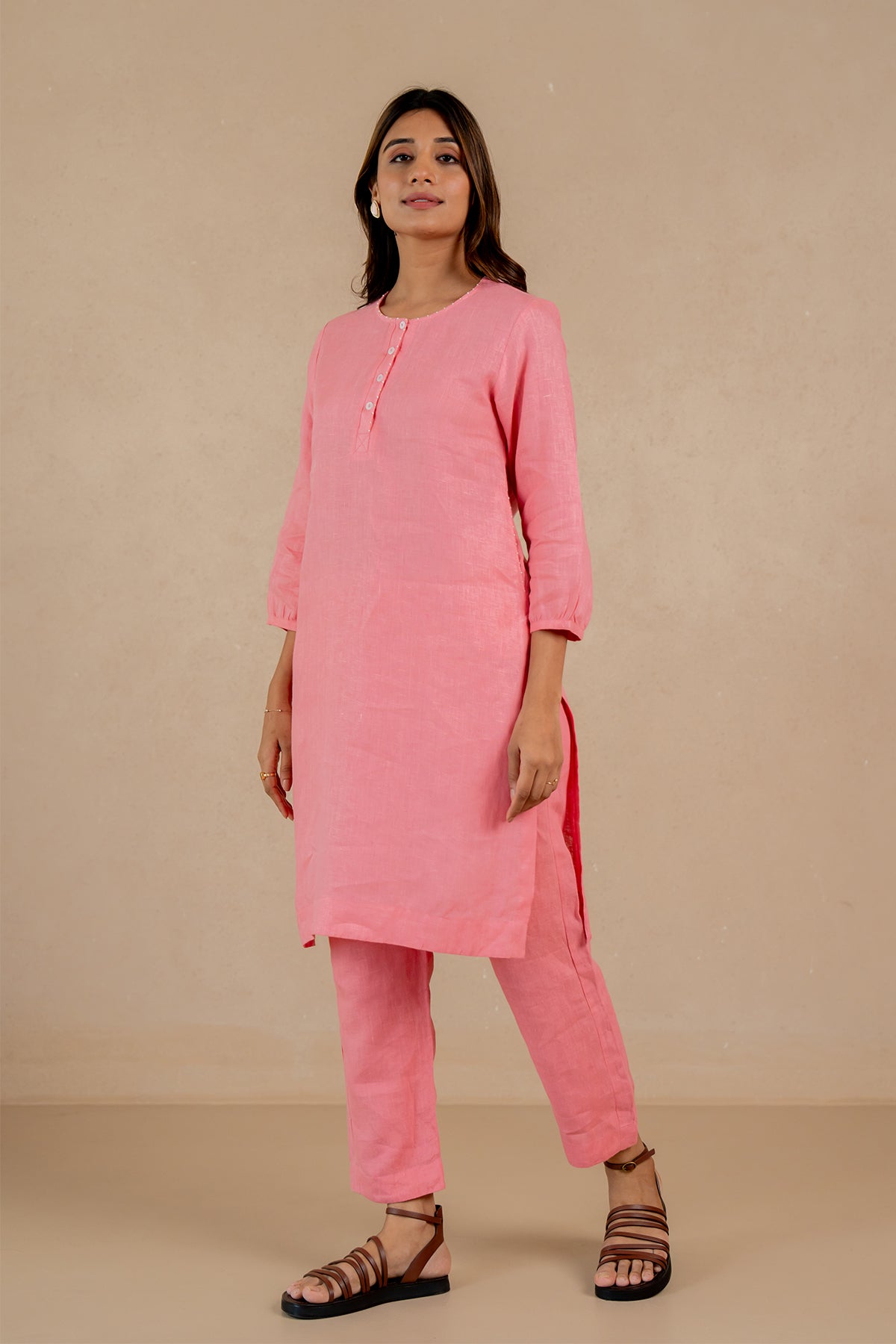 Janice-Linen-Half-Placket-Kurta-and-Pant-Set-With-Pockets-Flamingo-Pink-
