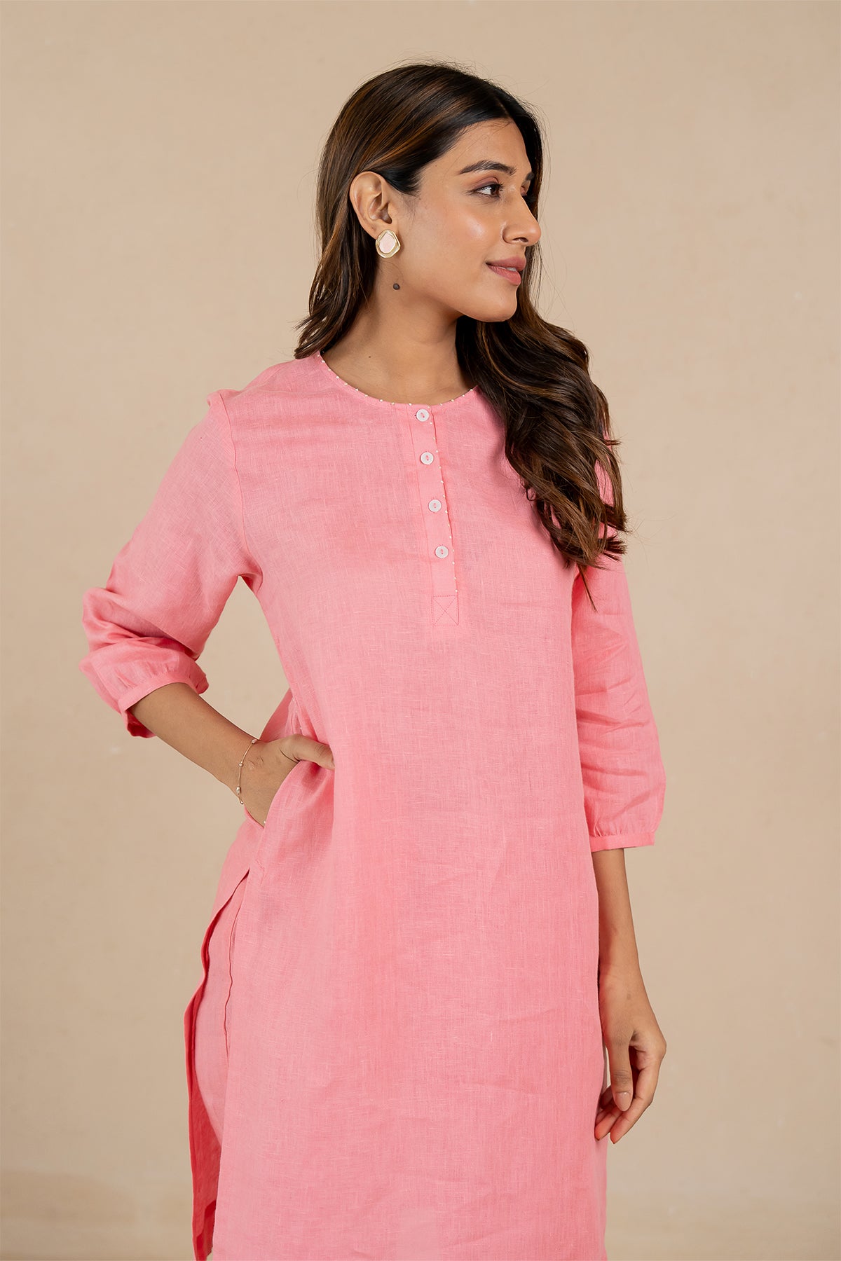 Janice-Linen-Half-Placket-Kurta-and-Pant-Set-With-Pockets-Flamingo-Pink-