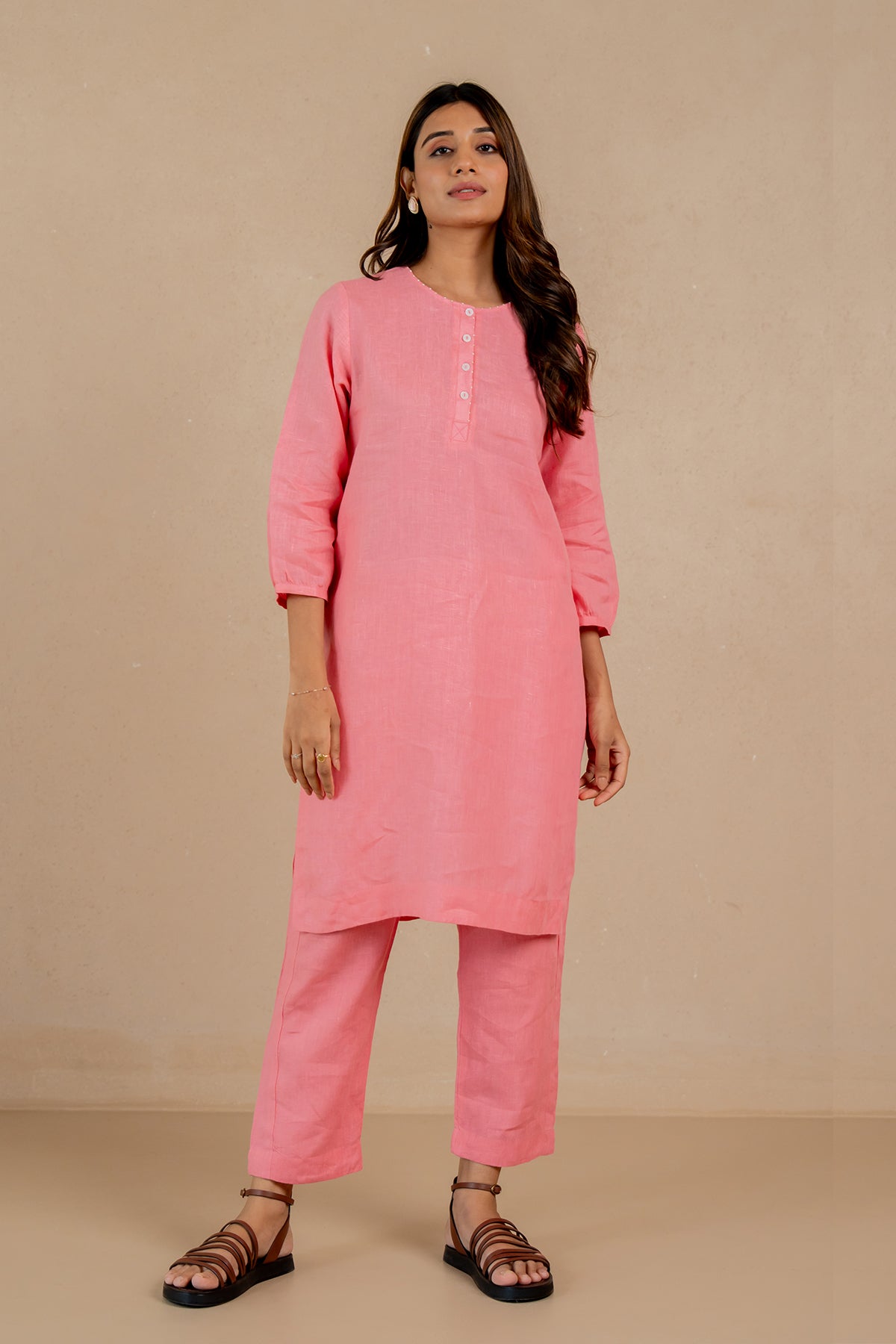 Janice-Linen-Half-Placket-Kurta-and-Pant-Set-With-Pockets-Flamingo-Pink-