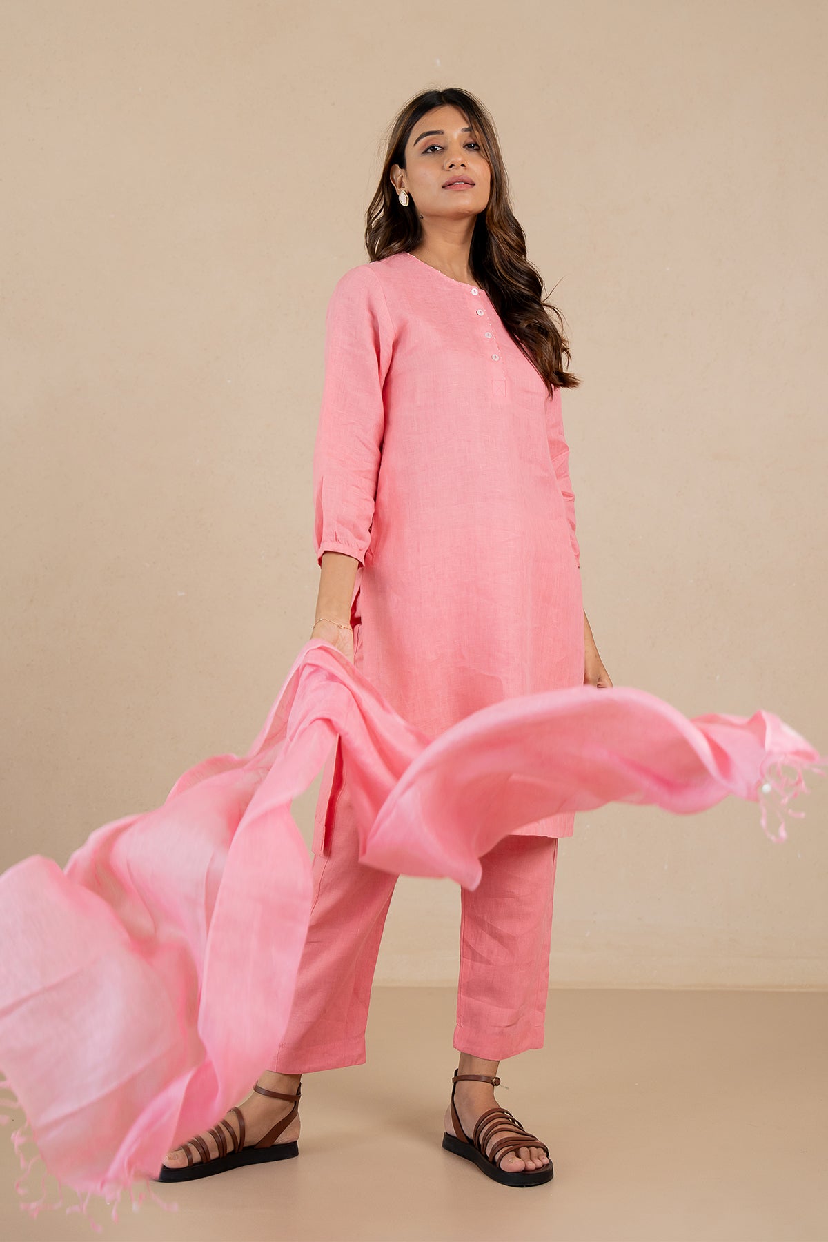 Janice Linen Half Placket Kurta and Pant Set With Pockets- Flamingo Pink