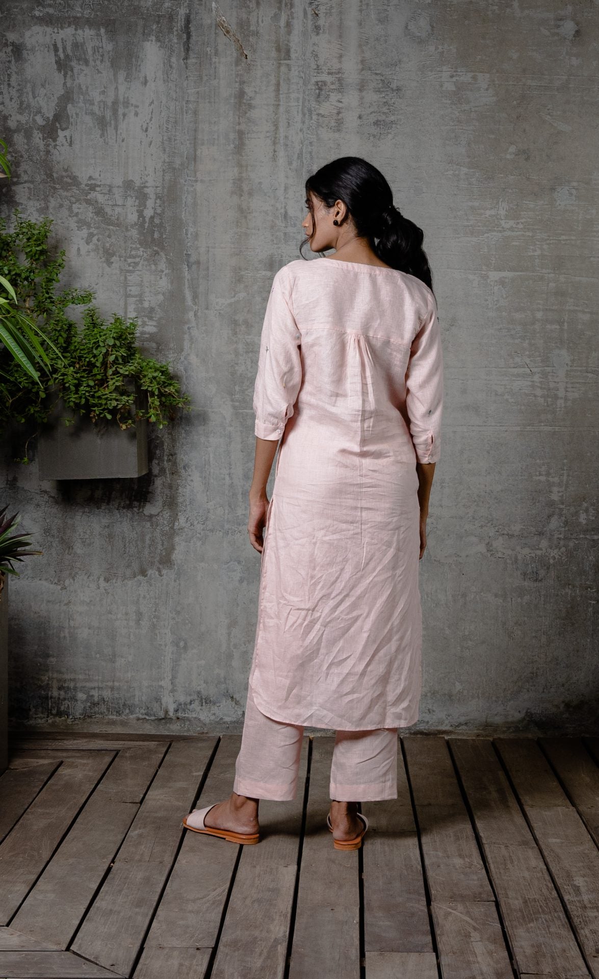 Janice Linen Half Placket kurta - Light Pink