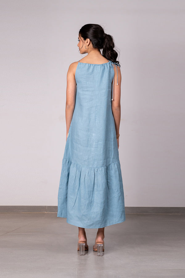 Jazmine Linen Chord dress with pockets - Icy Blue