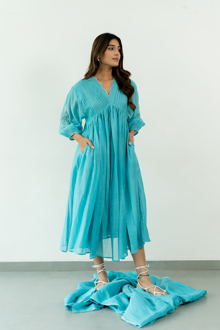 Juhi Chanderi Dress- Caribbean Blue