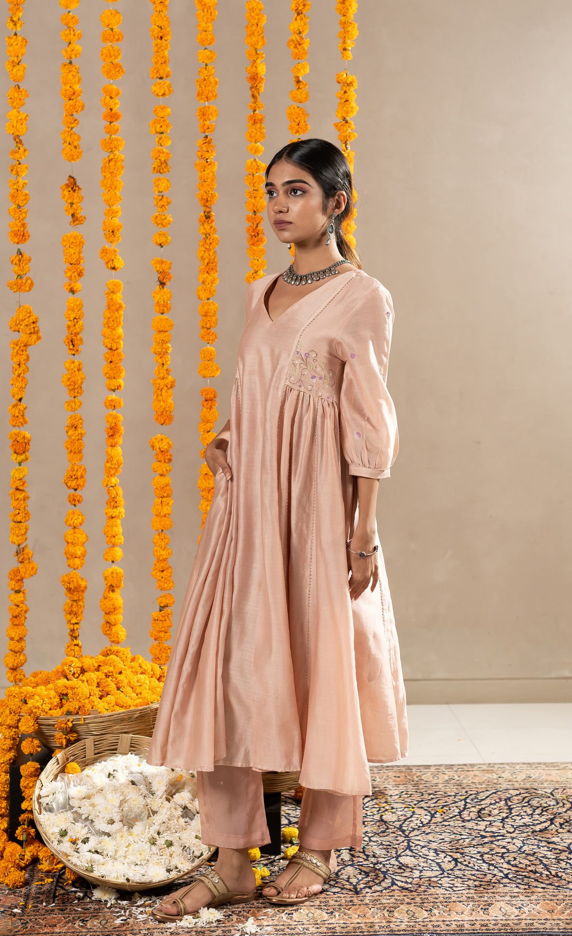 Kajri Side Kali Kurta With Pants - Biscuit Beige