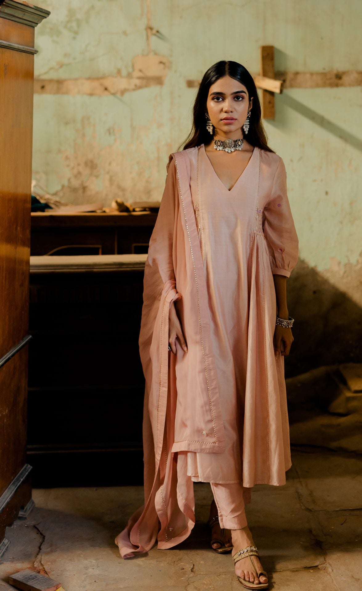 Kajri Side Kali Kurta With Pants - Biscuit Beige