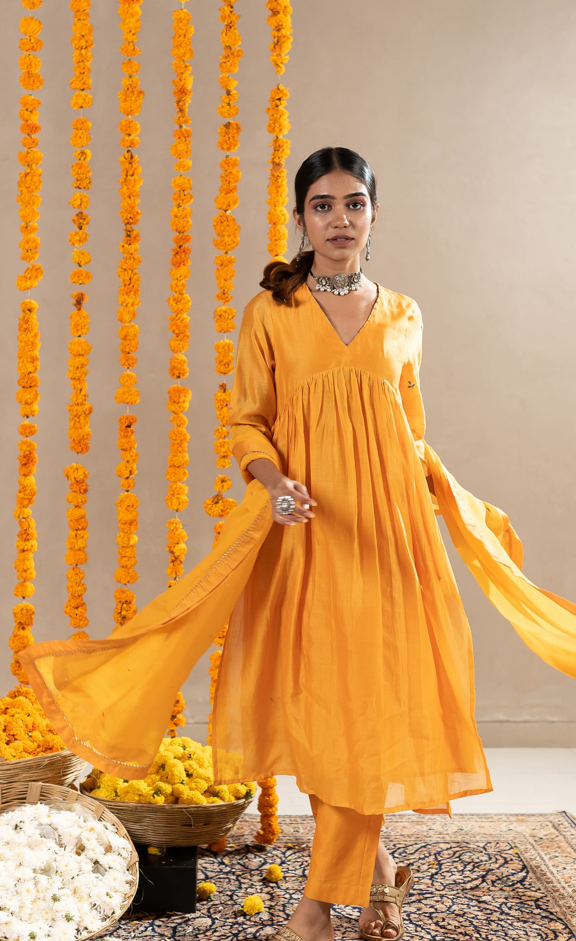 Kaner Chanderi Kurta With Pants - Mustard Orange