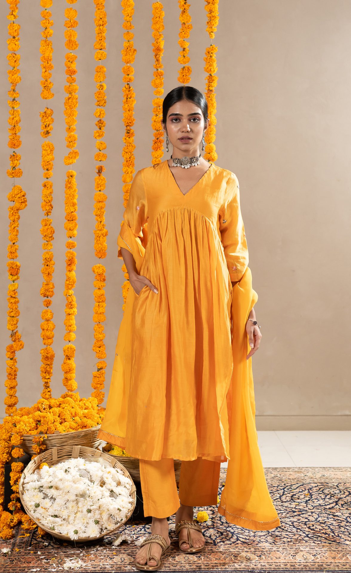 Kaner Chanderi Kurta With Pants - Mustard Orange