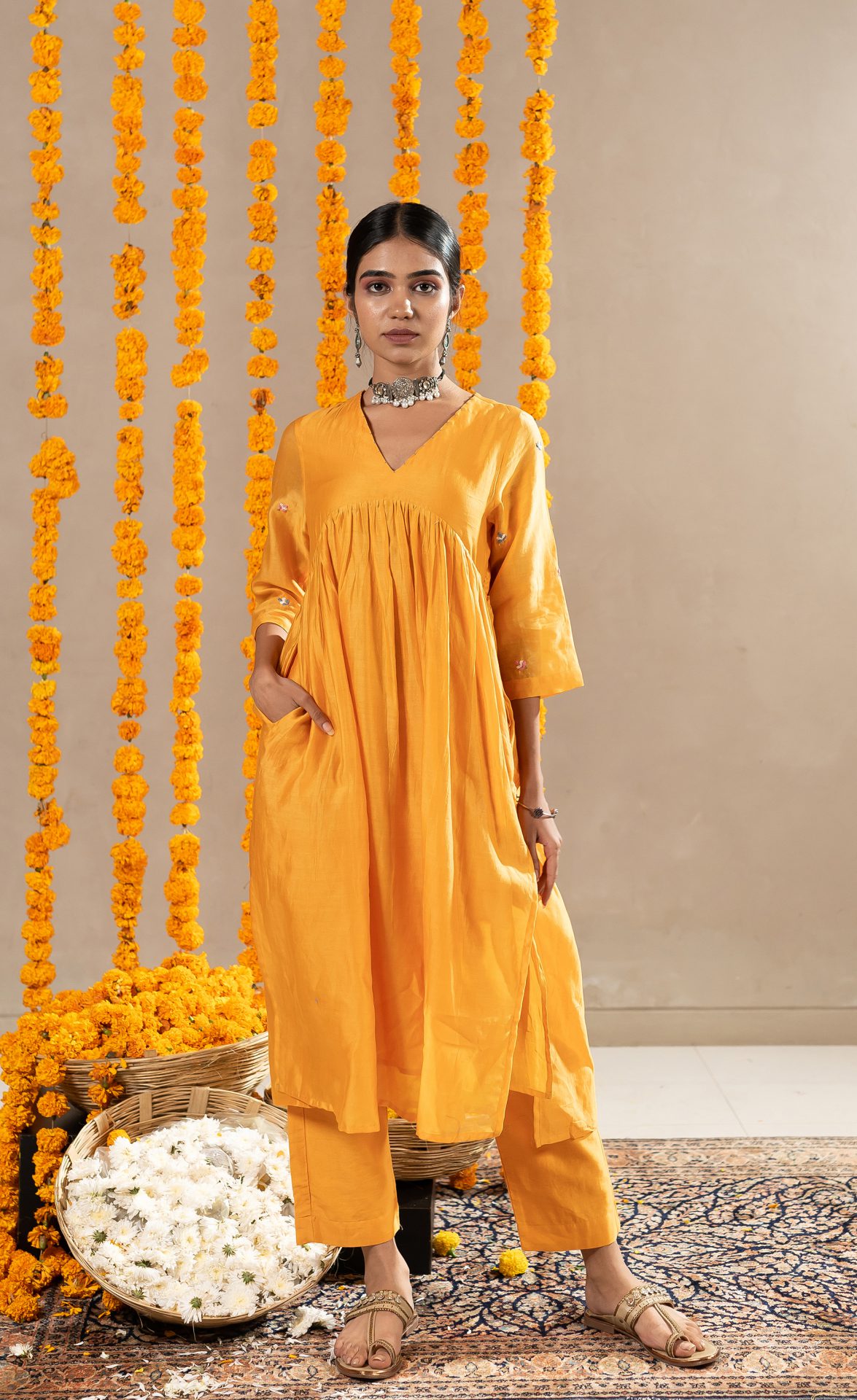 Kaner Chanderi Kurta With Pants - Mustard Orange