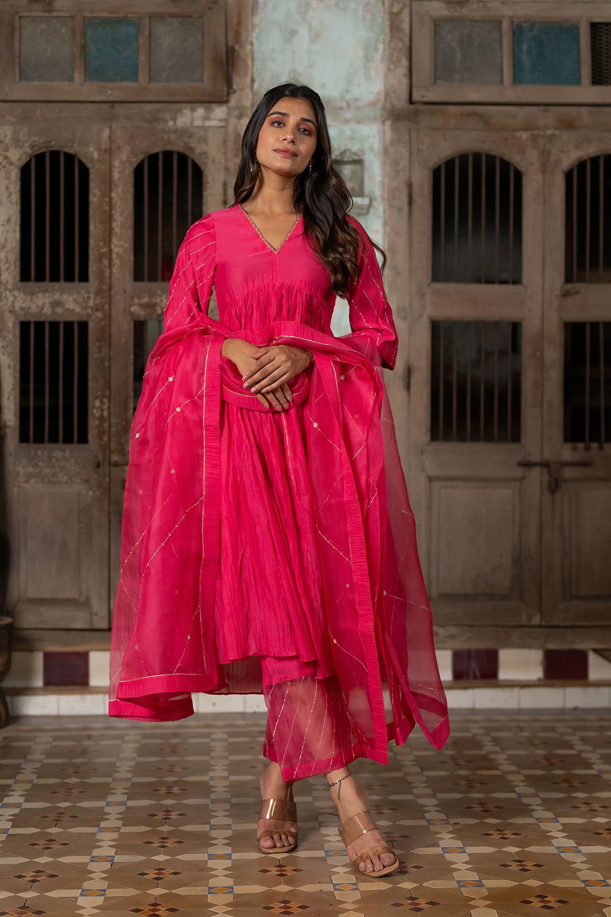 Khadi Moti Chanderi Silk Empire Gather Flair Kurta with Pants - Pink