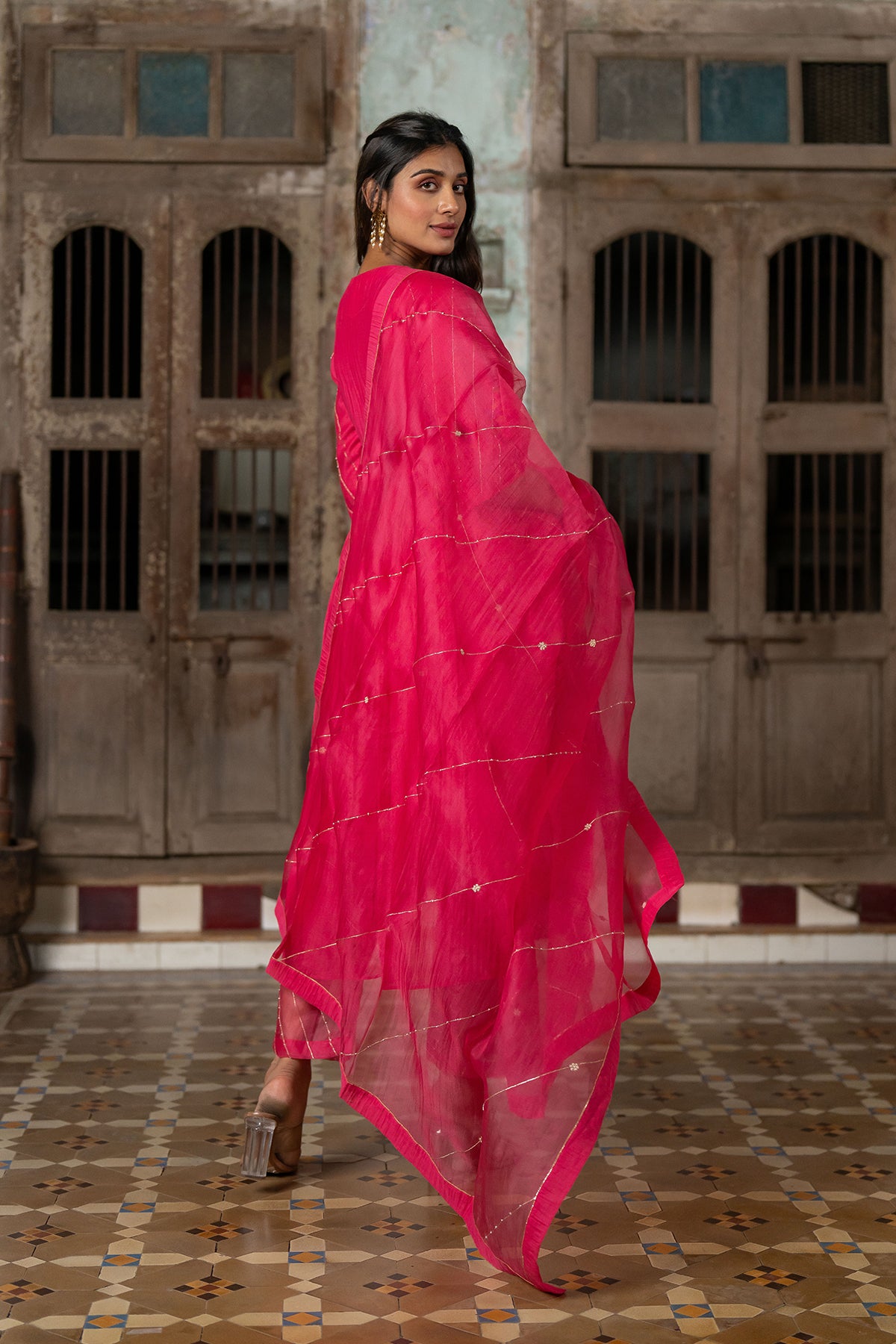 Khadi Moti Chanderi Silk Empire Gather Flair Kurta with Pants - Pink