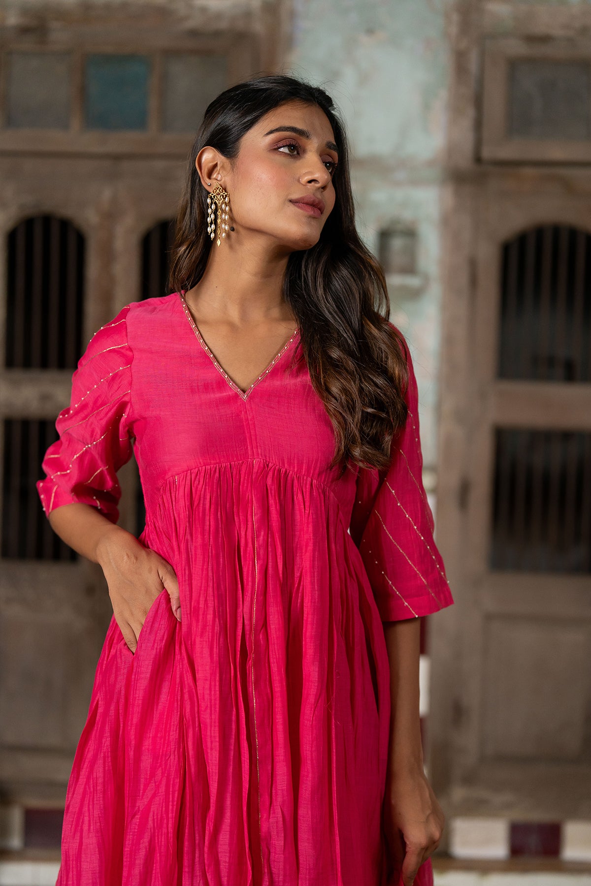 Khadi Moti Chanderi Silk Empire Gather Flair Kurta with Pants - Pink