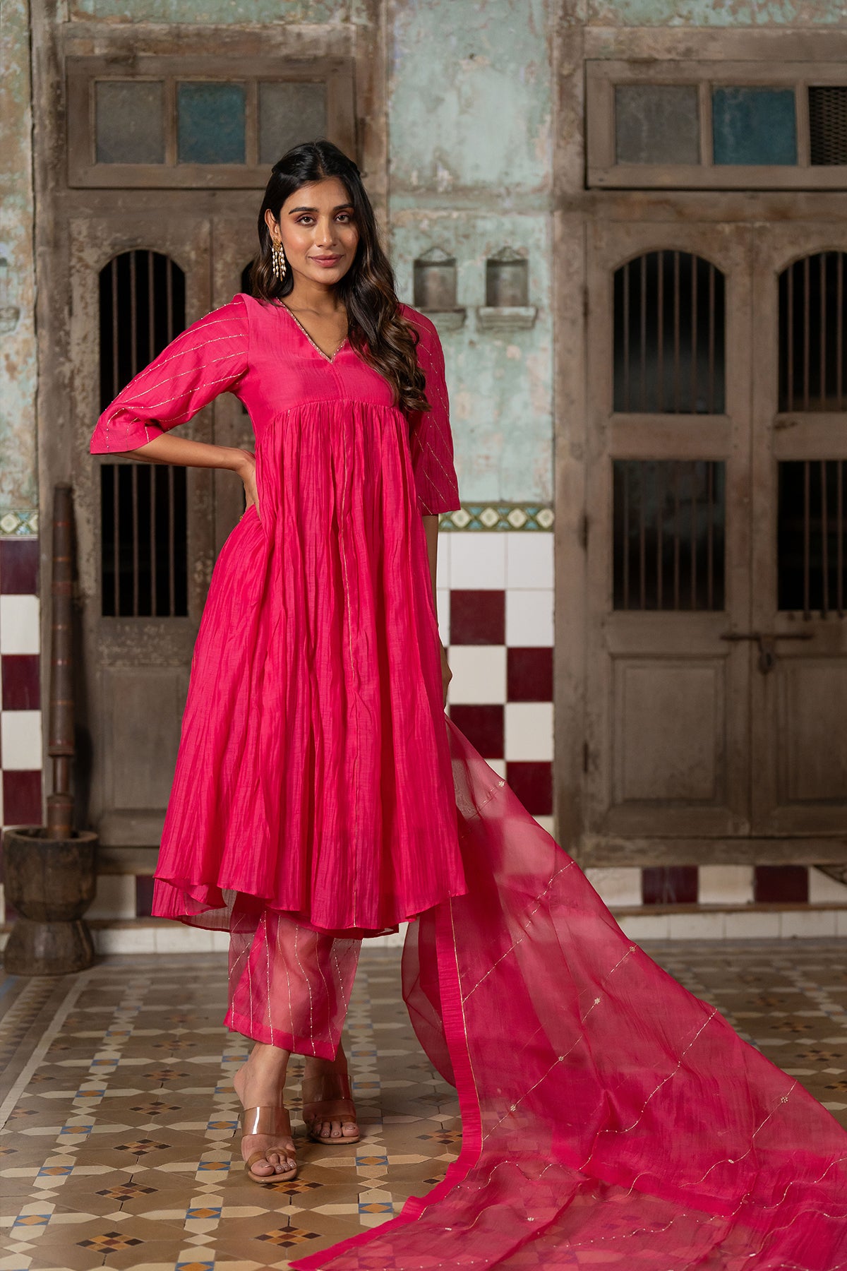 Khadi Moti Chanderi Silk Empire Gather Flair Kurta with Pants - Pink