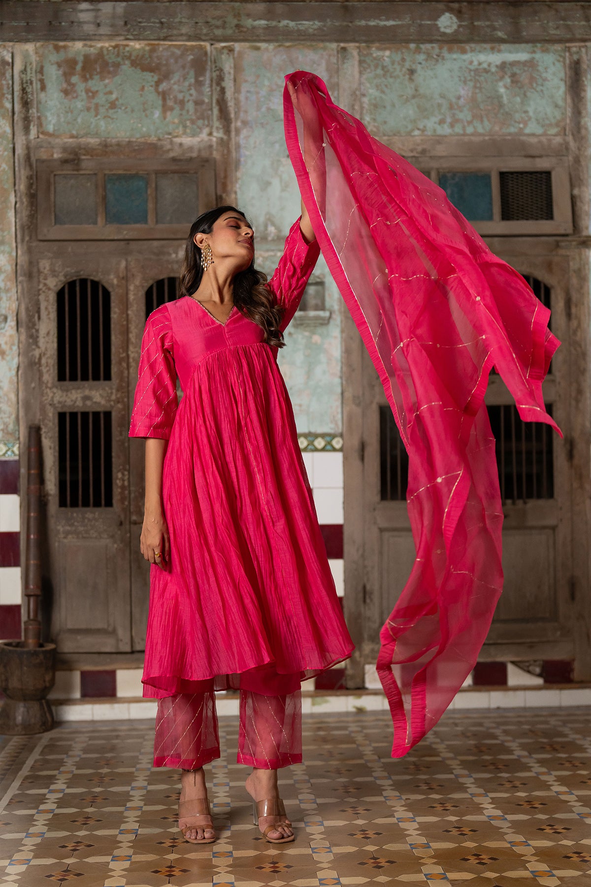 Khadi Moti Chanderi Silk Empire Gather Flair Kurta with Pants - Pink