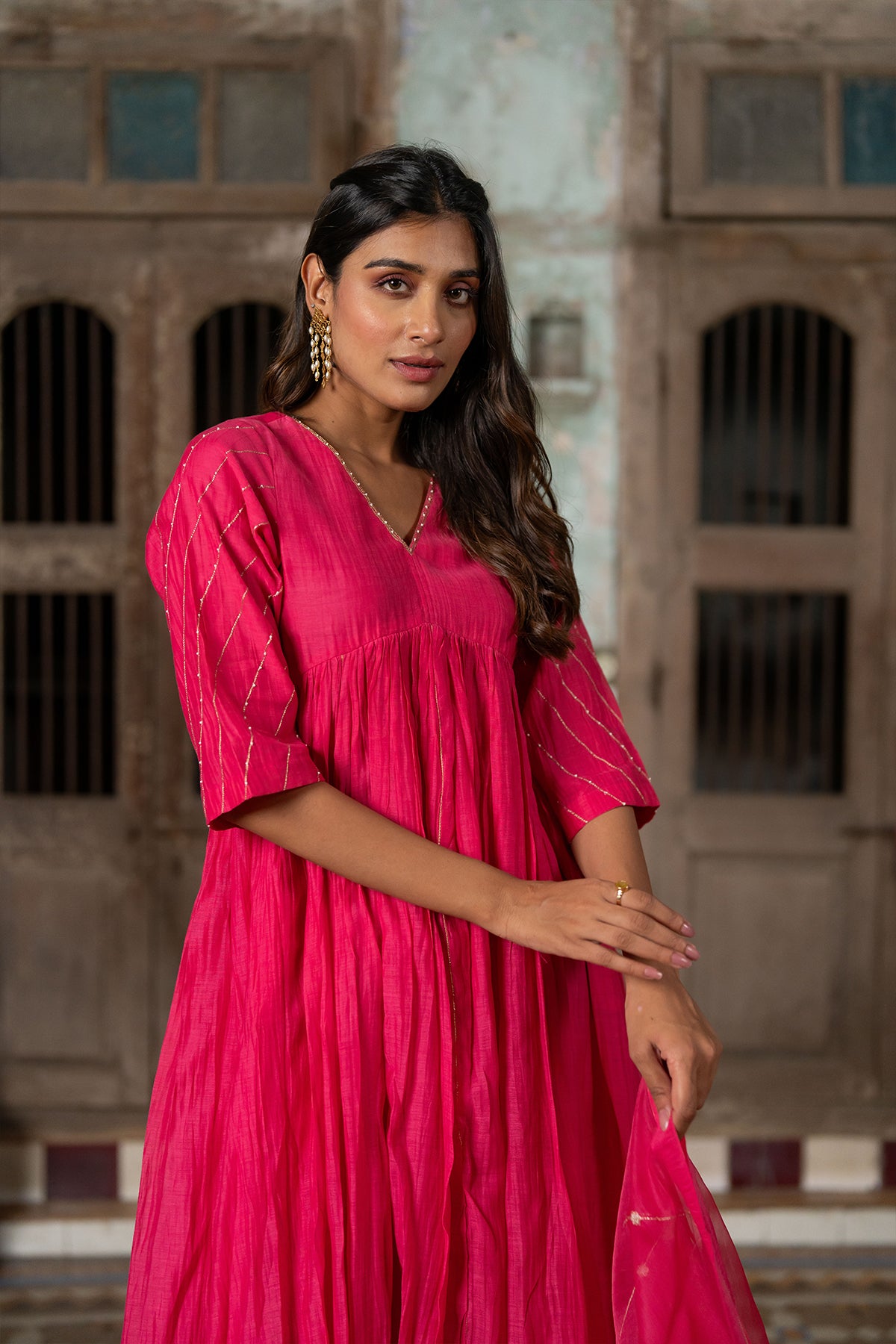 Khadi Moti Chanderi Silk Empire Gather Flair Kurta with Pants - Pink