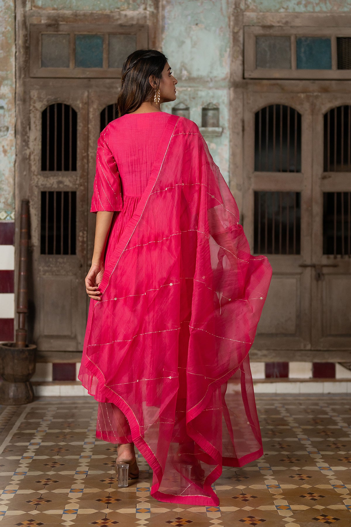Khadi Moti Silk Organza Dupatta - Pink