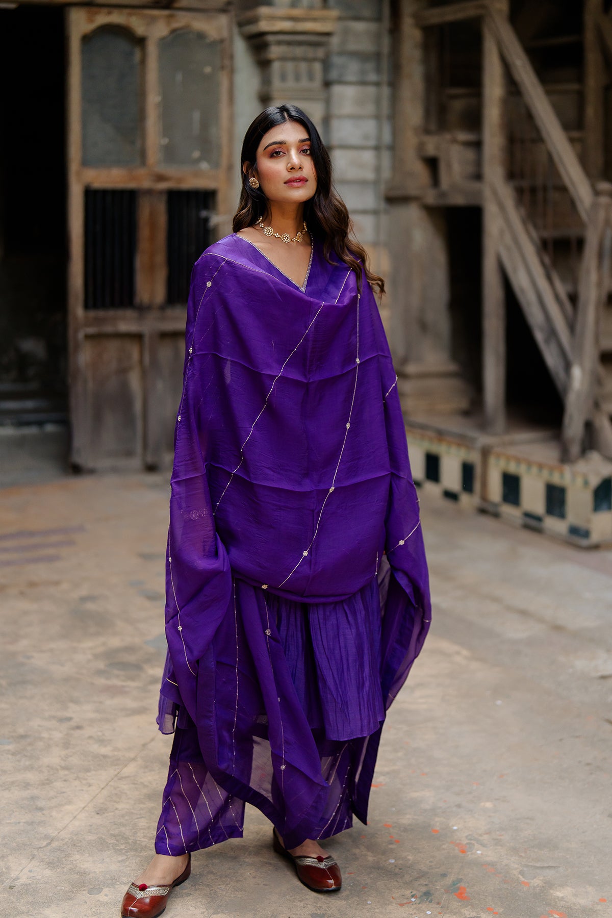 Khadi Moti Silk Organza Dupatta - Purple